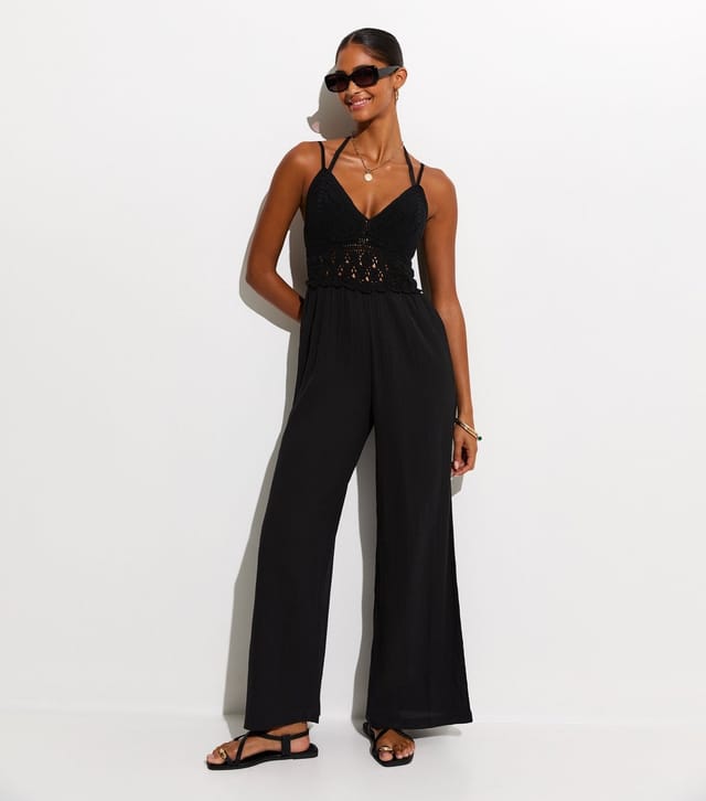 New Look Women's Black Crochet Bodice Wide Leg Jumpsuit New Look - 2