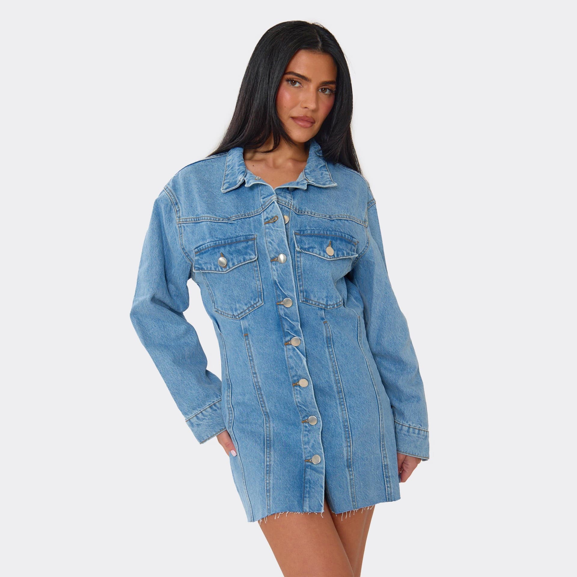 EGO Long Sleeve Collared Button Up Mini Dress In Blue Denim., Women's Size UK 6