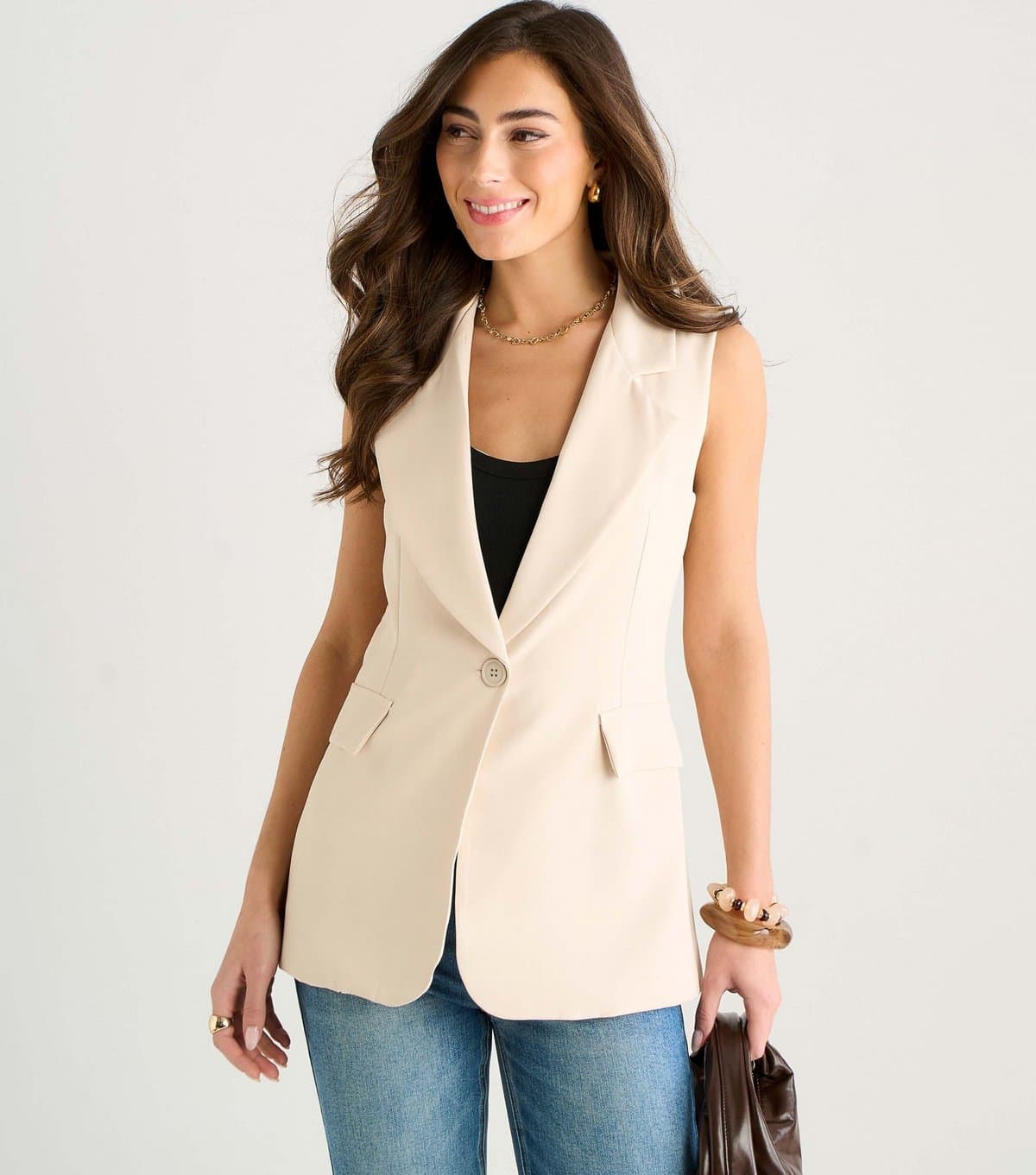 Gini London Women's Oatmeal Tailored Sleeveless Blazer Gini London New Look