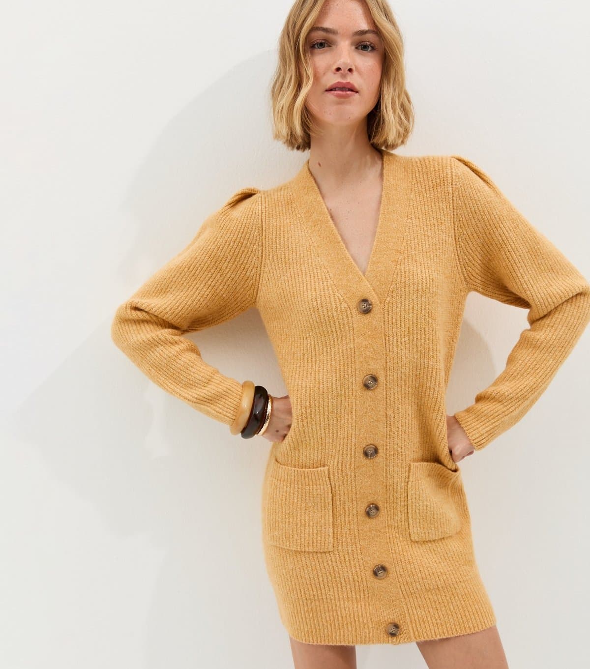 New Look Women's Light Yellow Stitchy Knit Button Front Mini Dress New Look
