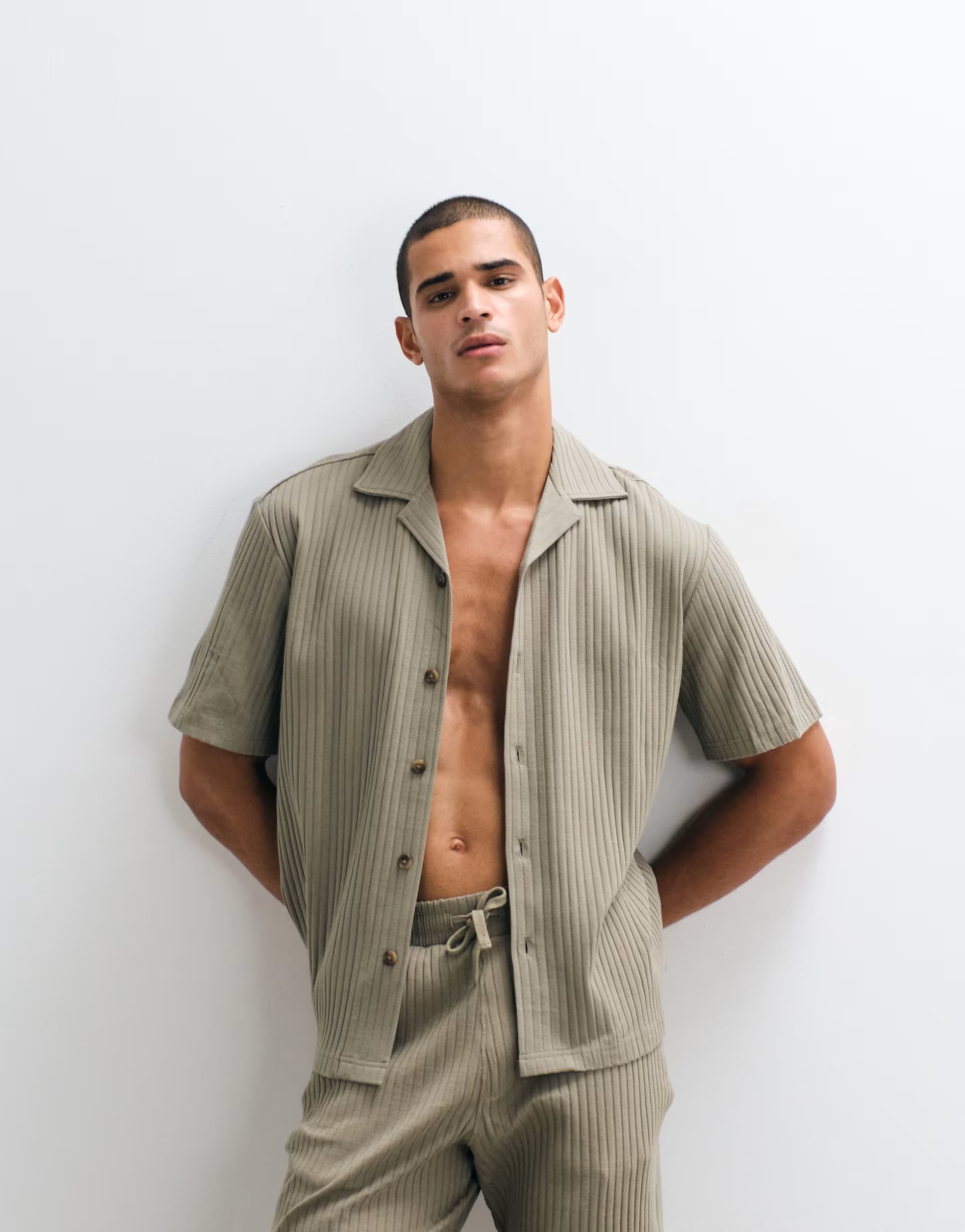 ASOS Selected co-ord ribbed short sleeve shirt in khaki