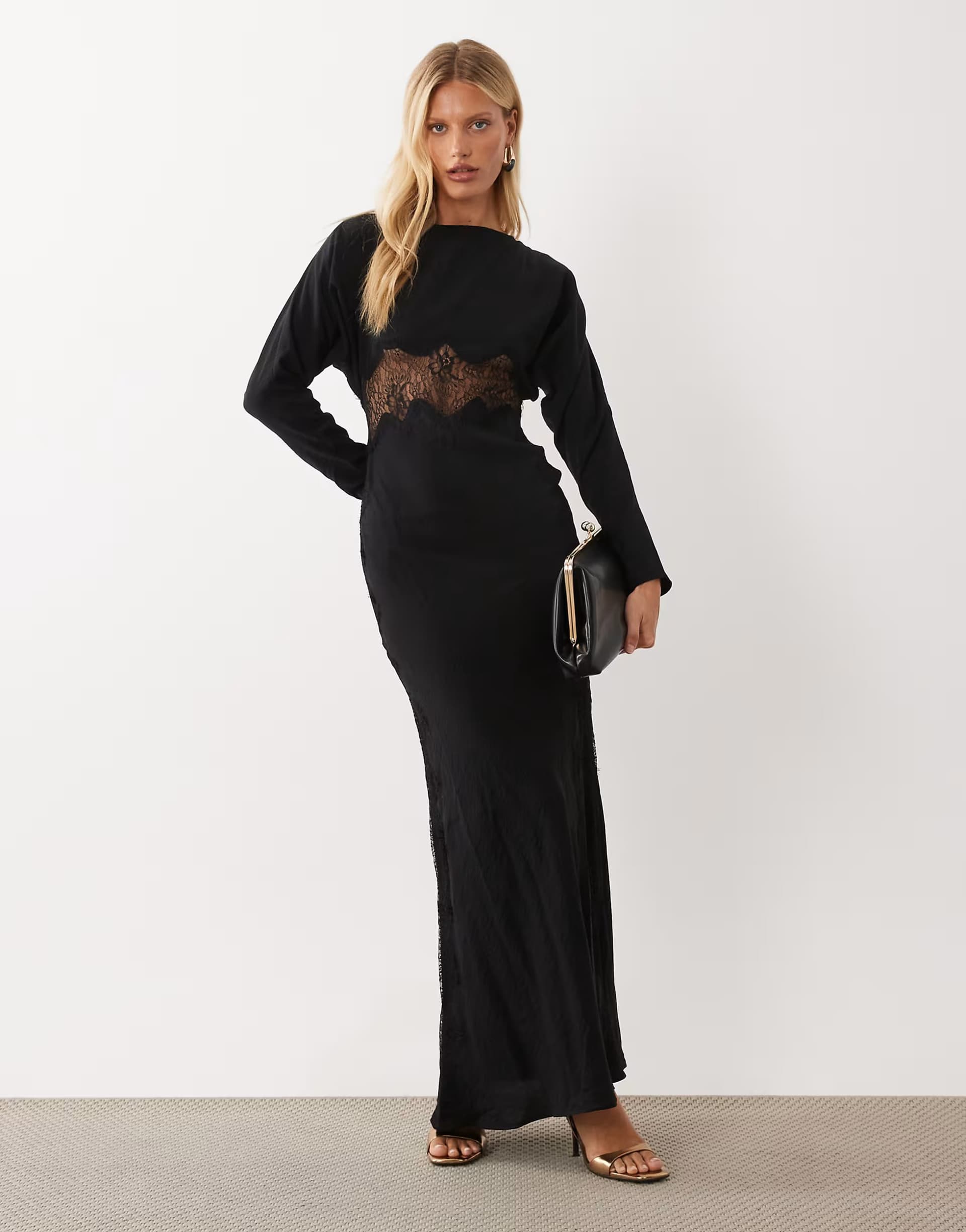 ASOS ASOS DESIGN lace applique grown on sleeve bias cut maxi dress in black