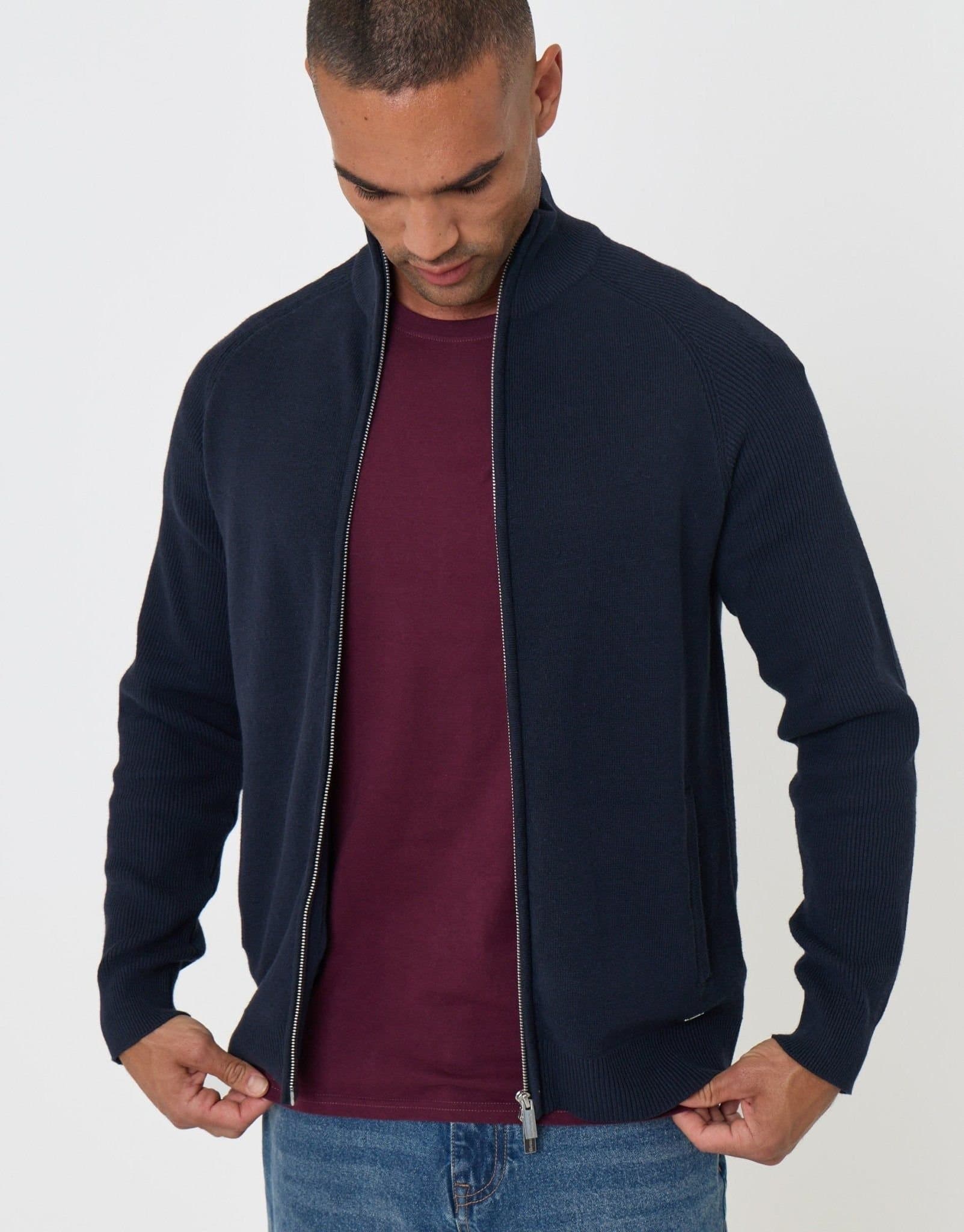 Threadbare threadbare Men's Knitted Zip Up Funnel Neck Cardigan in Blue