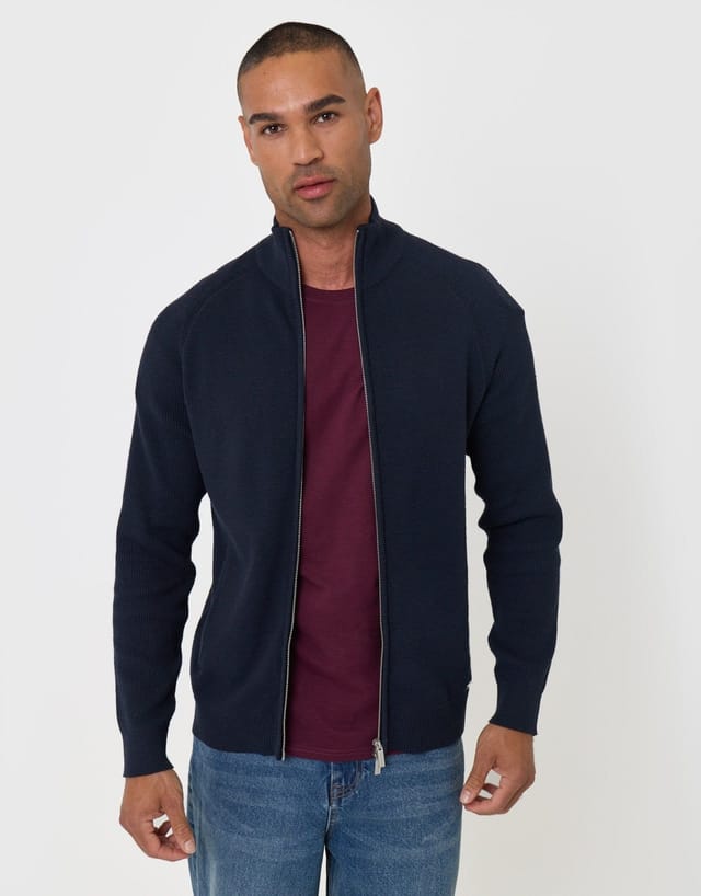 Threadbare threadbare Men's Knitted Zip Up Funnel Neck Cardigan in Blue - 2