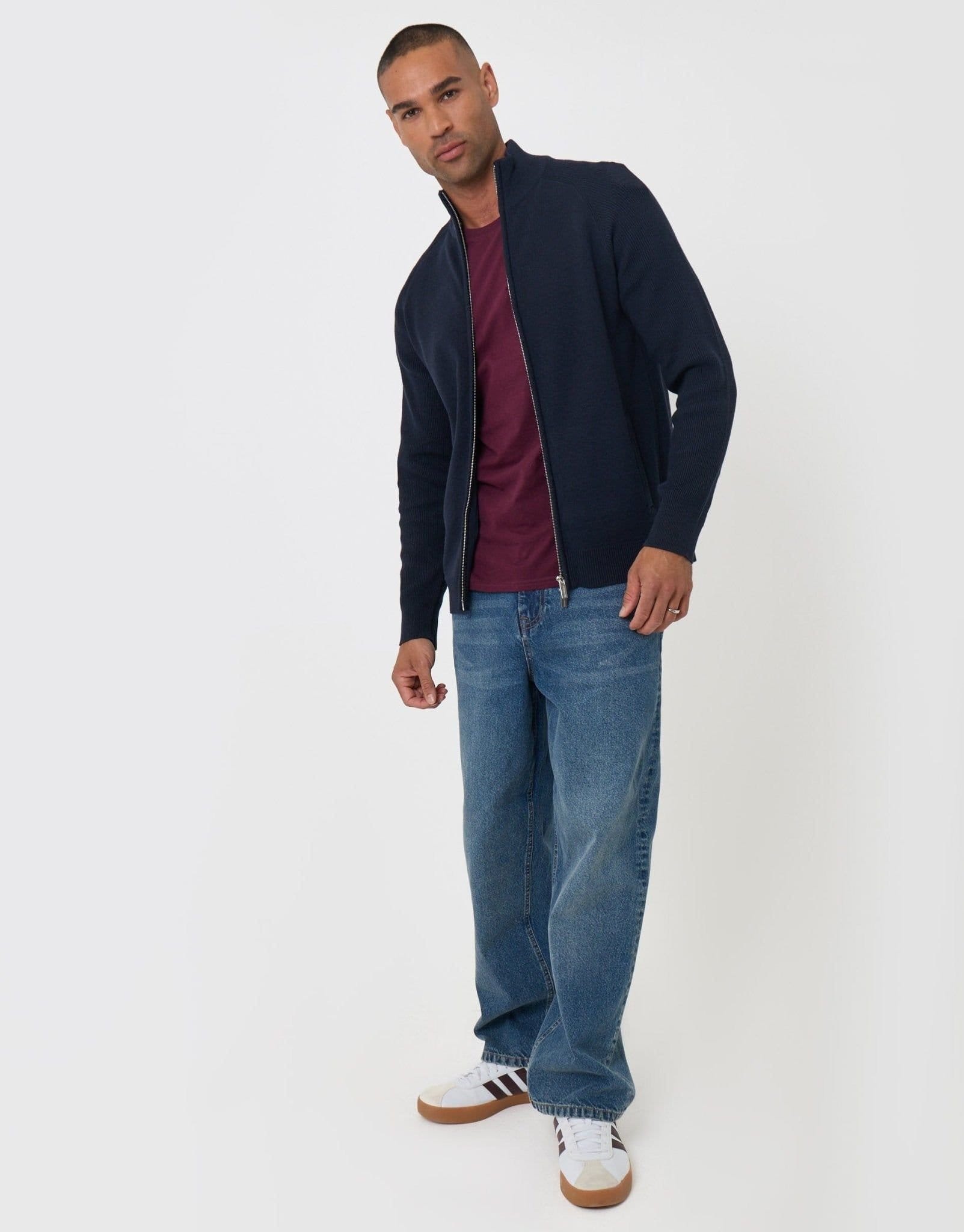 Threadbare threadbare Men's Knitted Zip Up Funnel Neck Cardigan in Blue - 4
