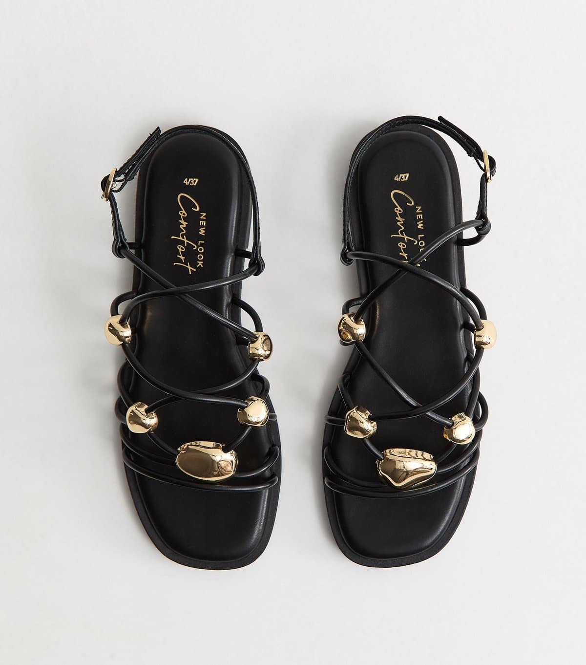 New Look Women's Black Faux Leather Stappy Metal Detail Flat Sandals Vegan New Look