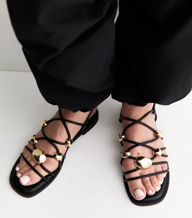 New Look Women's Black Faux Leather Stappy Metal Detail Flat Sandals Vegan New Look - 2