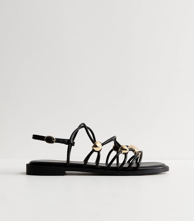 New Look Women's Black Faux Leather Stappy Metal Detail Flat Sandals Vegan New Look - 3