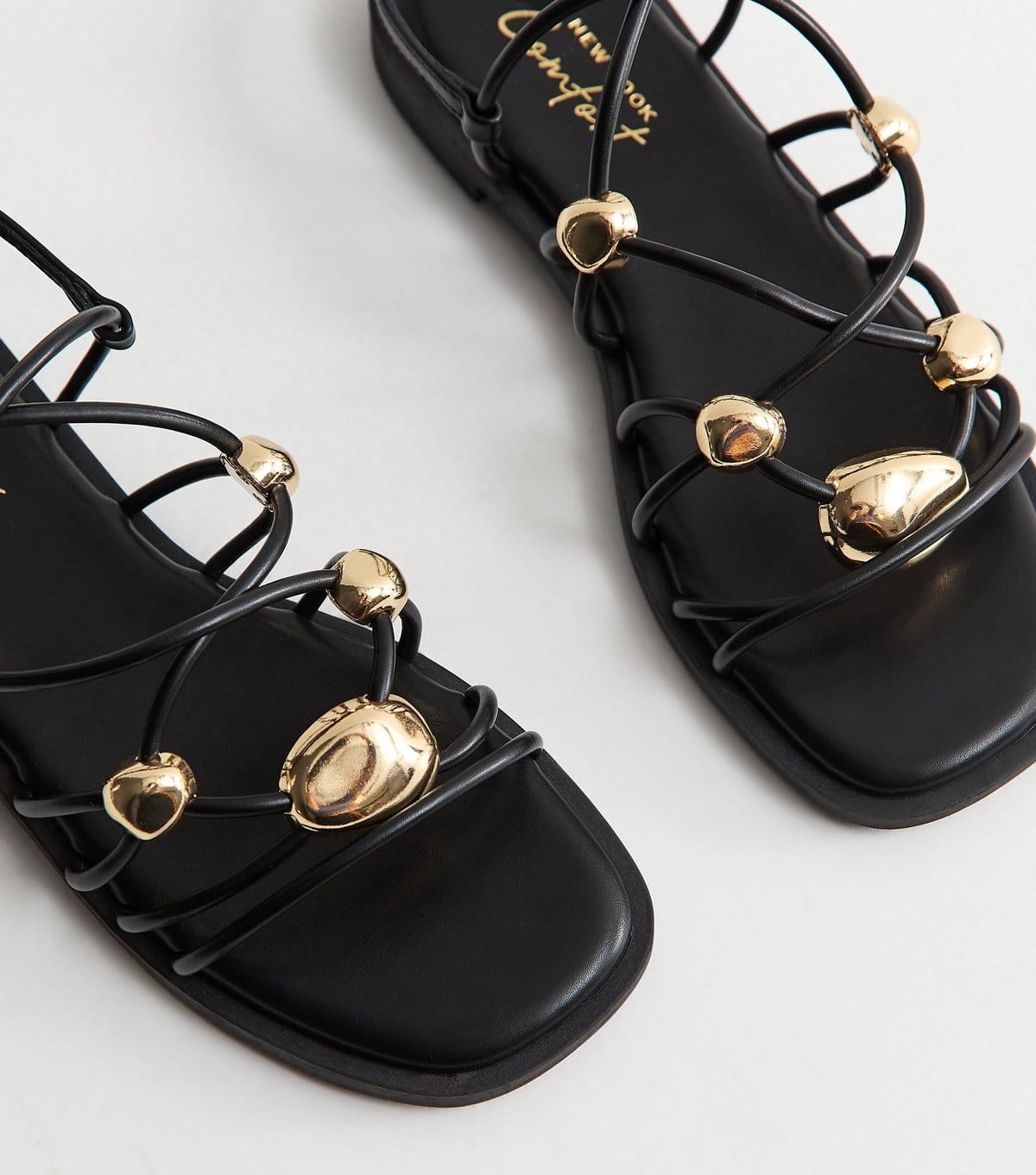 New Look Women's Black Faux Leather Stappy Metal Detail Flat Sandals Vegan New Look - 4