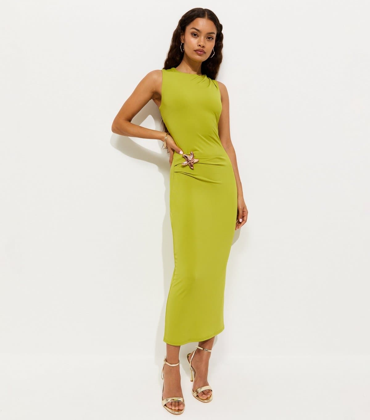 New Look Women's Petite Bright Green Starfish Charm Ruched Midi Dress New Look