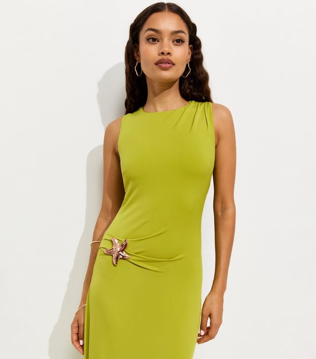 New Look Women's Petite Bright Green Starfish Charm Ruched Midi Dress New Look - 2