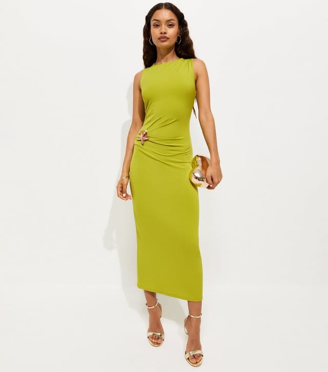 New Look Women's Petite Bright Green Starfish Charm Ruched Midi Dress New Look - 3