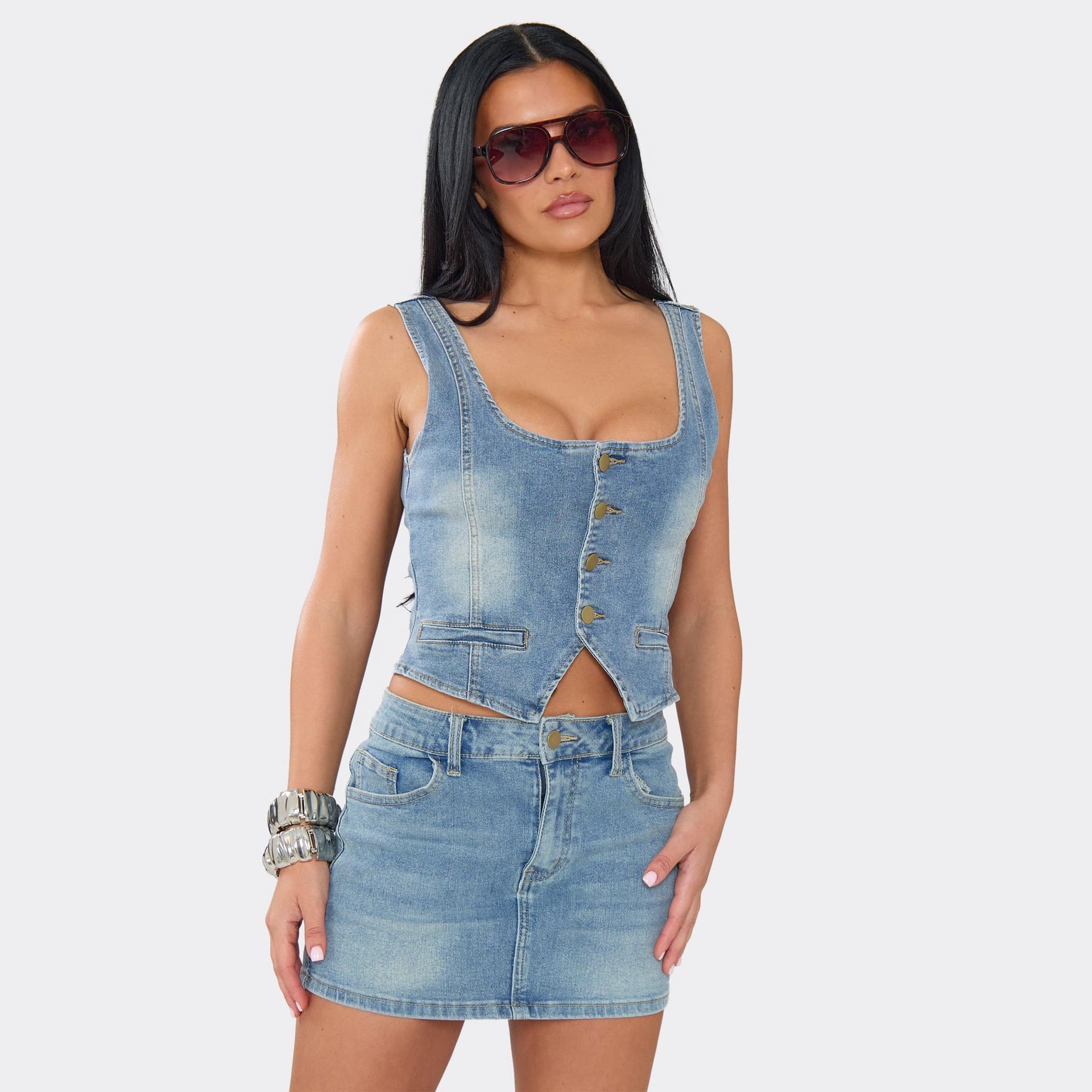EGO Scoop Neck Button Down Fisted Waistcoat Top In Blue Wash Denim, Women's Size UK 6
