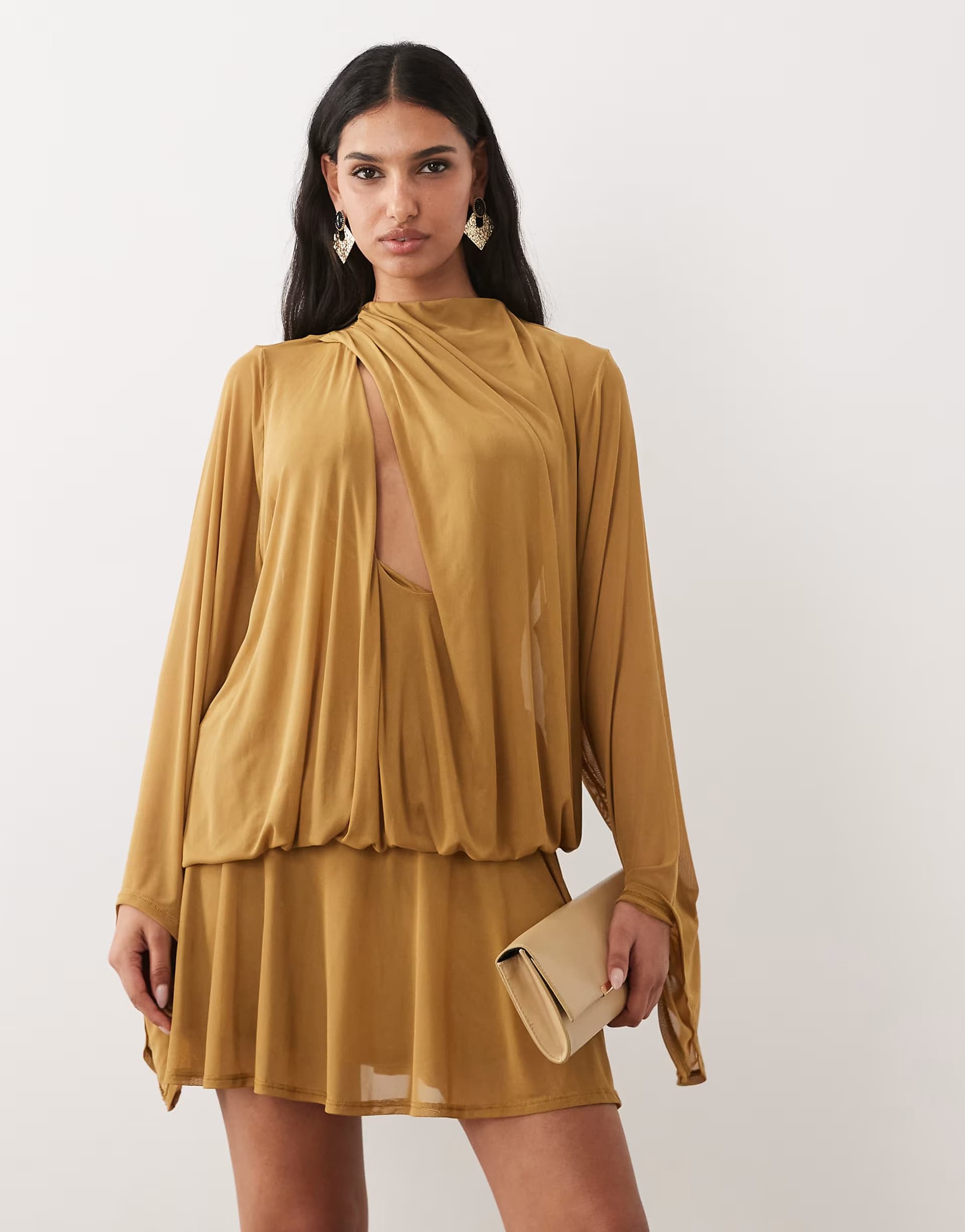 ASOS ASOS DESIGN draped slash front mini dress with blouson sleeves in olive