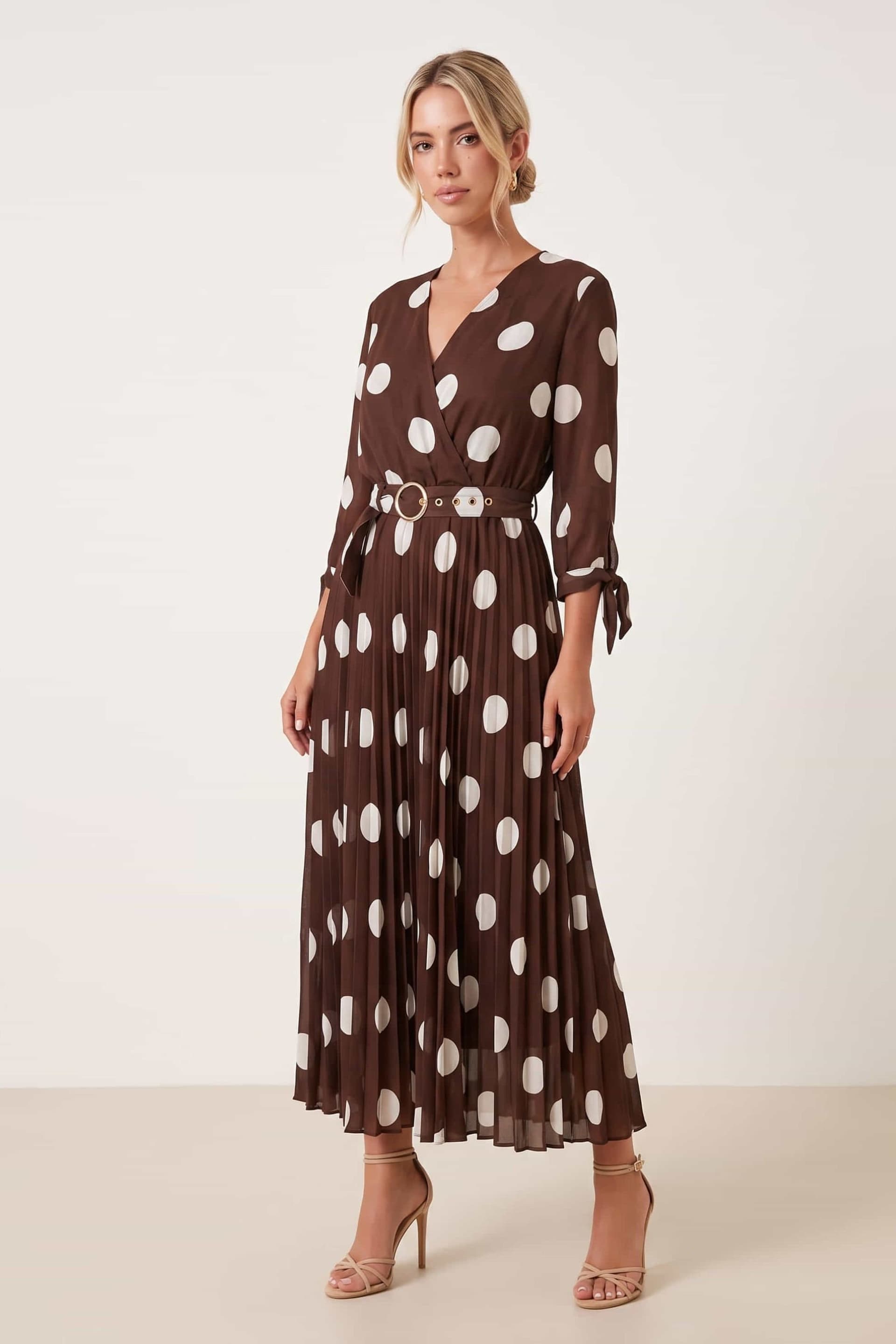 Style Cheat Style Cheat Women's V Neck Pleat Spot Dress in Brown