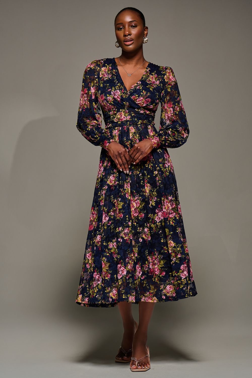 Jolie Moi Jolie Moi Women's Long Sleeve Printed Lace Maxi Dress in Navy - 2