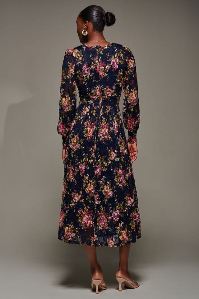 Jolie Moi Jolie Moi Women's Long Sleeve Printed Lace Maxi Dress in Navy - 2