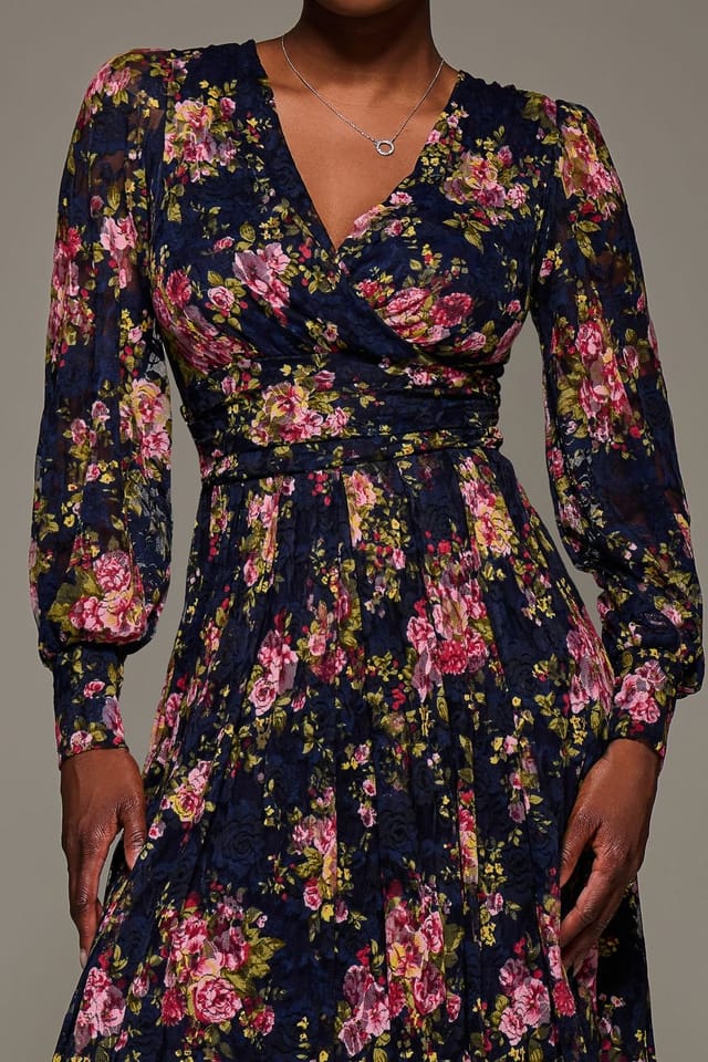 Jolie Moi Jolie Moi Women's Long Sleeve Printed Lace Maxi Dress in Navy - 3