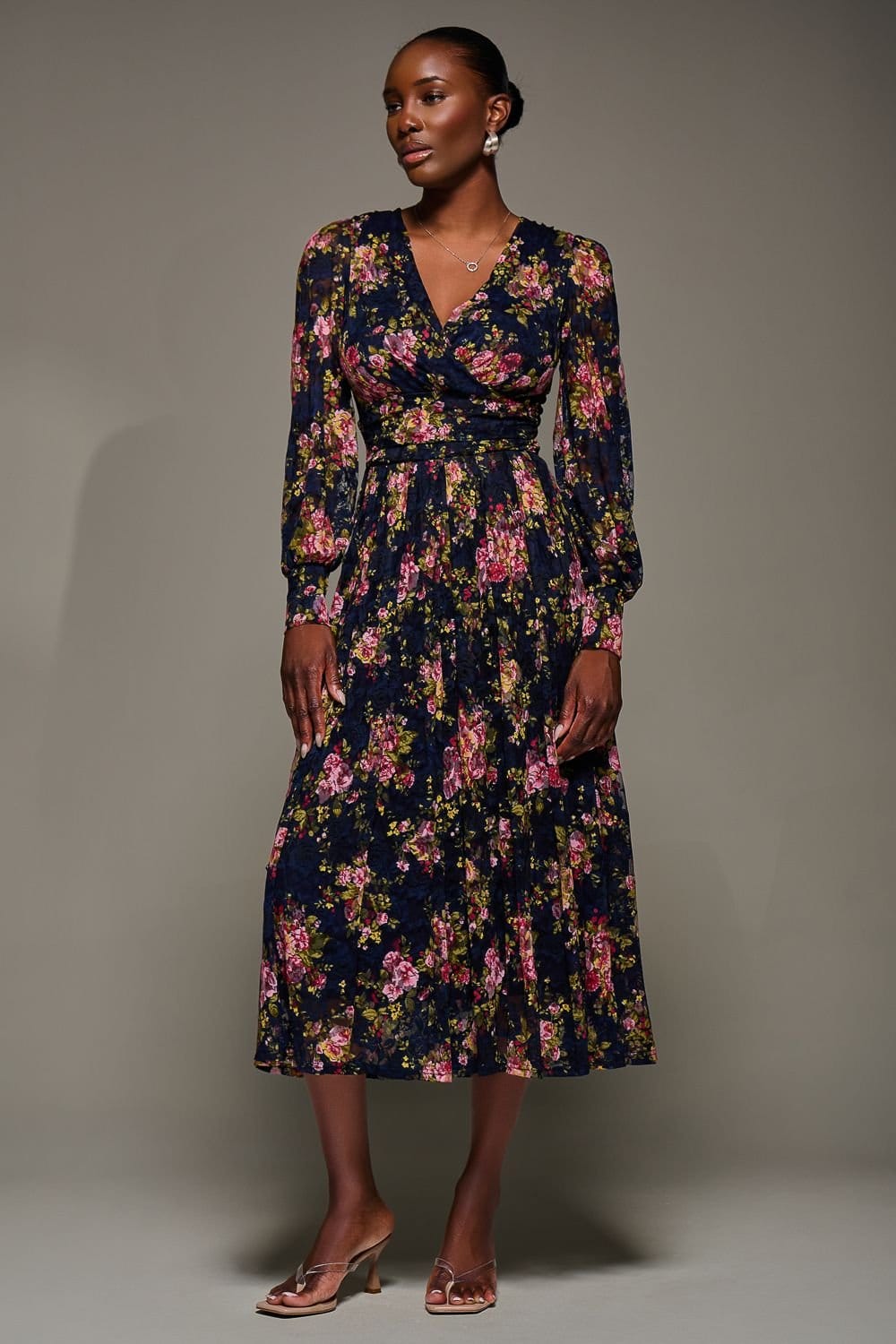 Jolie Moi Jolie Moi Women's Long Sleeve Printed Lace Maxi Dress in Navy - 4