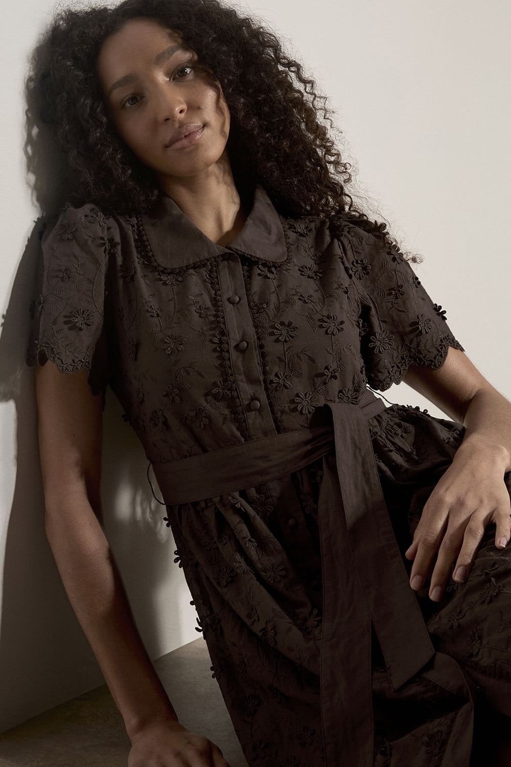 Apricot Apricot Women's Cotton Floral Embroidered Midi Dress in Brown - 4