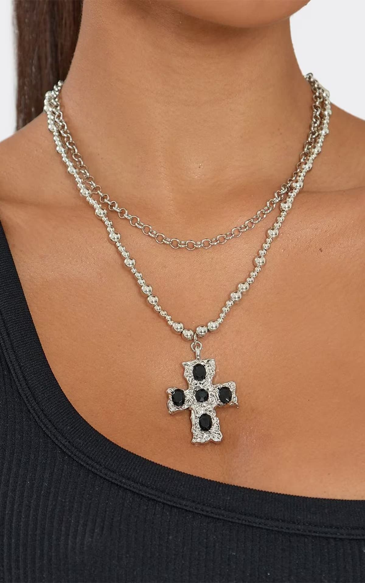 EGO EGO Silver Cross Pendant Detail Layered Chain Necklace