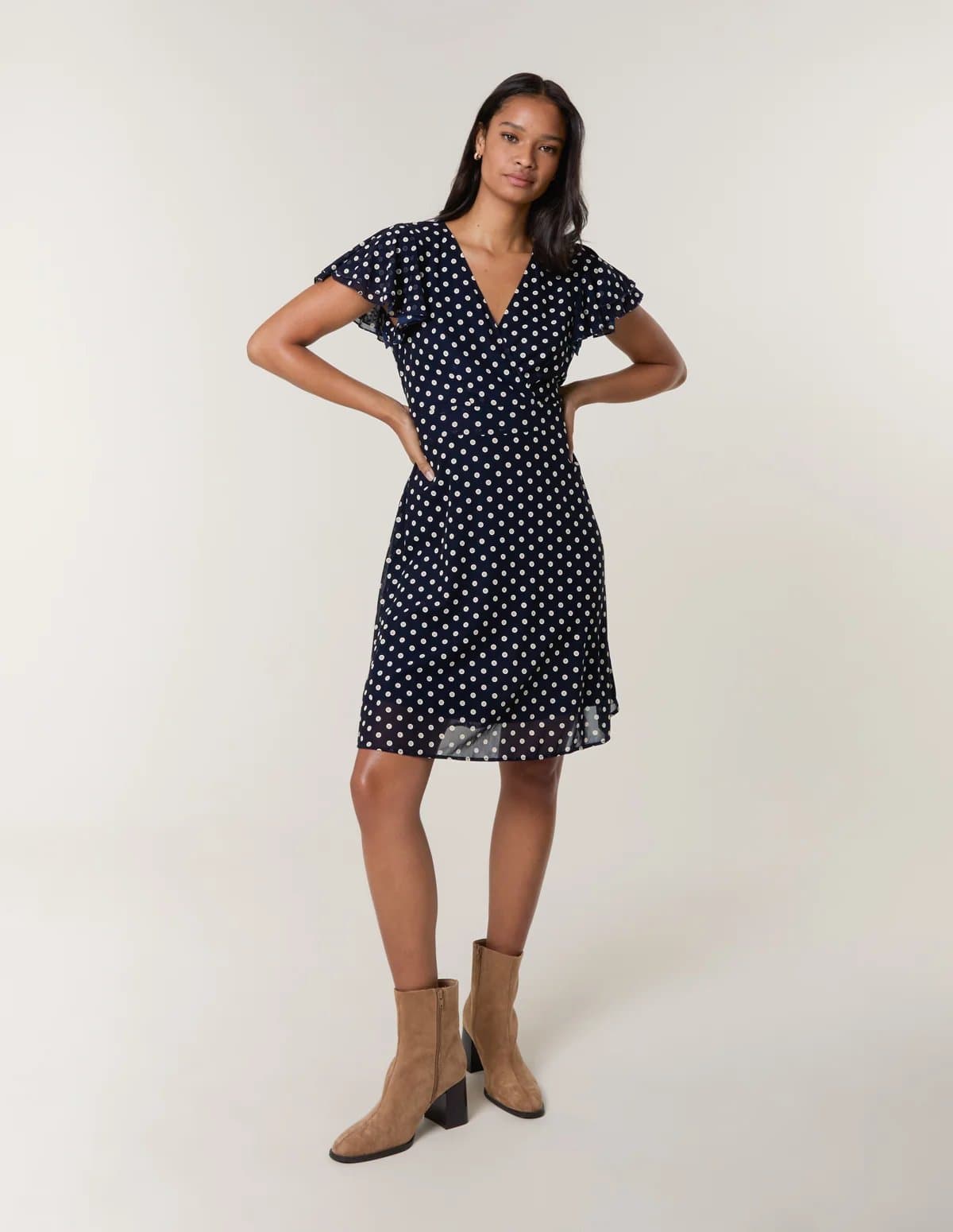 Blue Vanilla Polka Dot Mesh Frill Sleeve Wrap Dress With Tie Waist