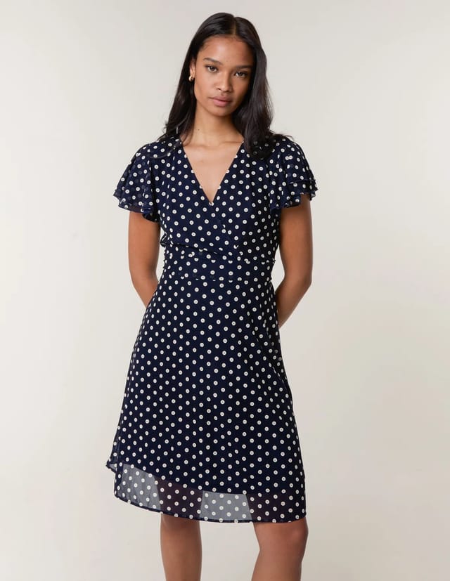 Blue Vanilla Polka Dot Mesh Frill Sleeve Wrap Dress With Tie Waist - 2