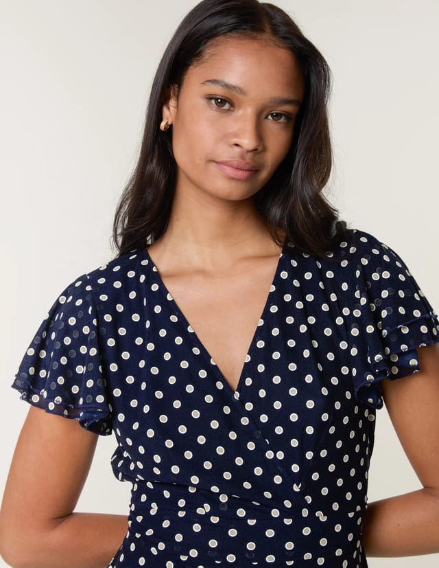 Blue Vanilla Polka Dot Mesh Frill Sleeve Wrap Dress With Tie Waist - 3