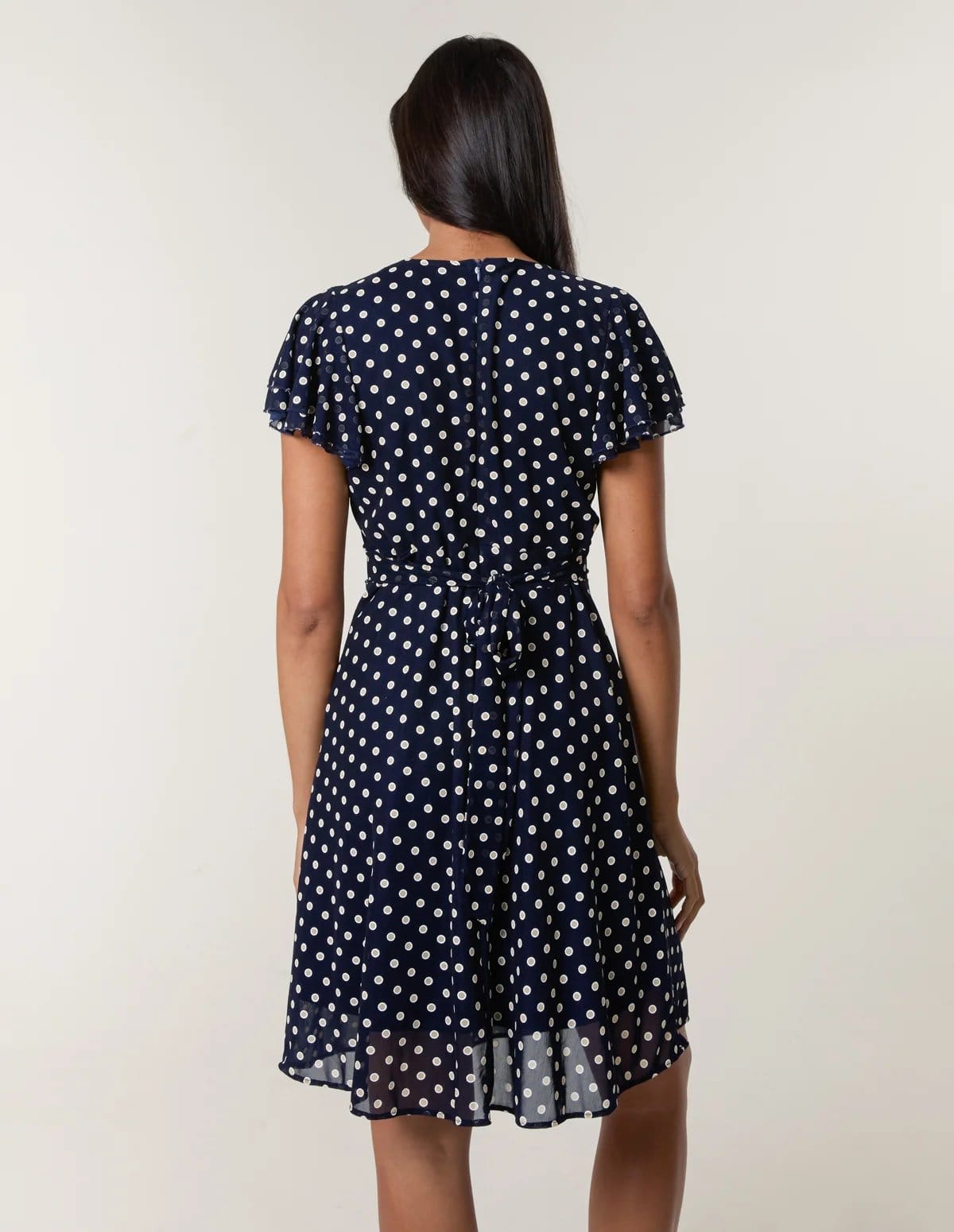 Blue Vanilla Polka Dot Mesh Frill Sleeve Wrap Dress With Tie Waist - 4