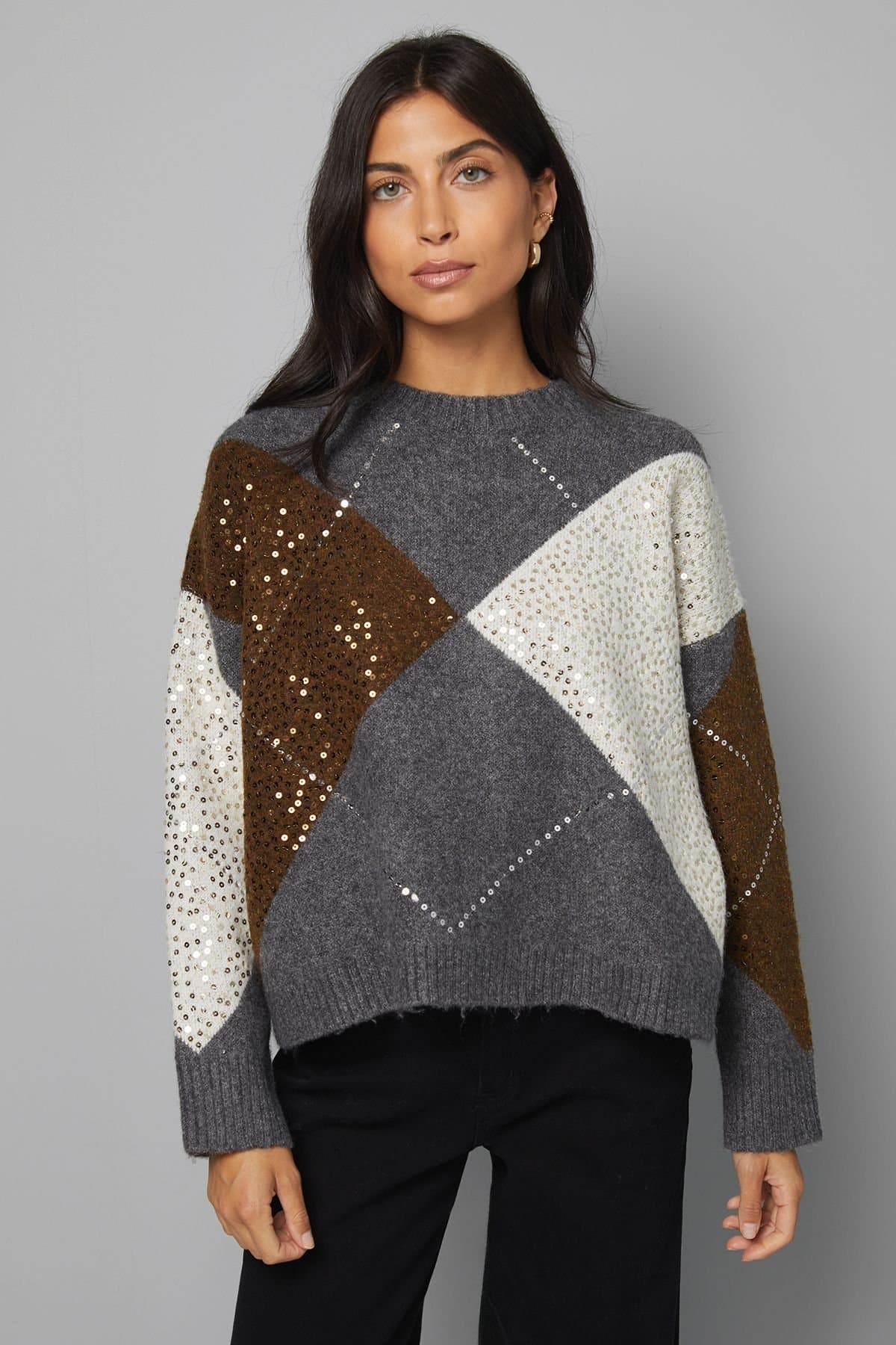 Wallis Wallis Women's Grey Oversized Argyle Jumper