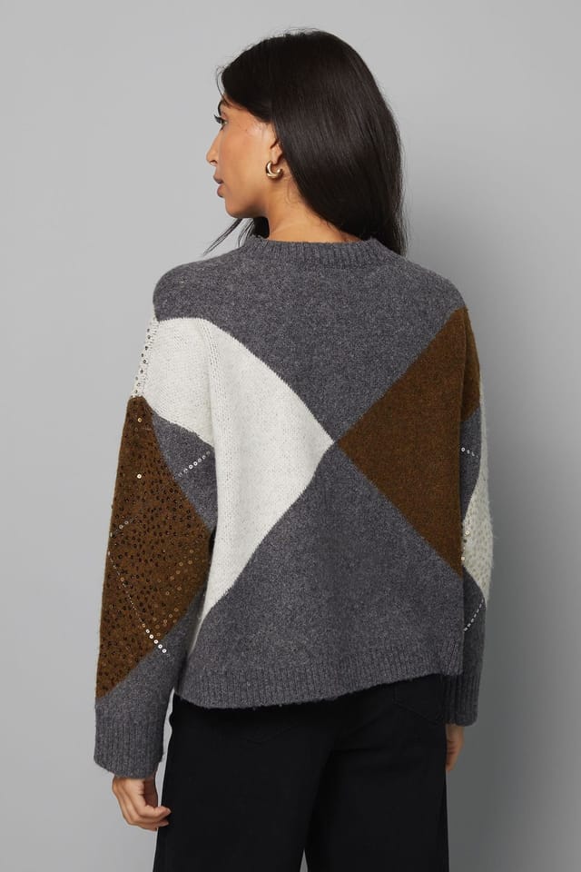Wallis Wallis Women's Grey Oversized Argyle Jumper - 3