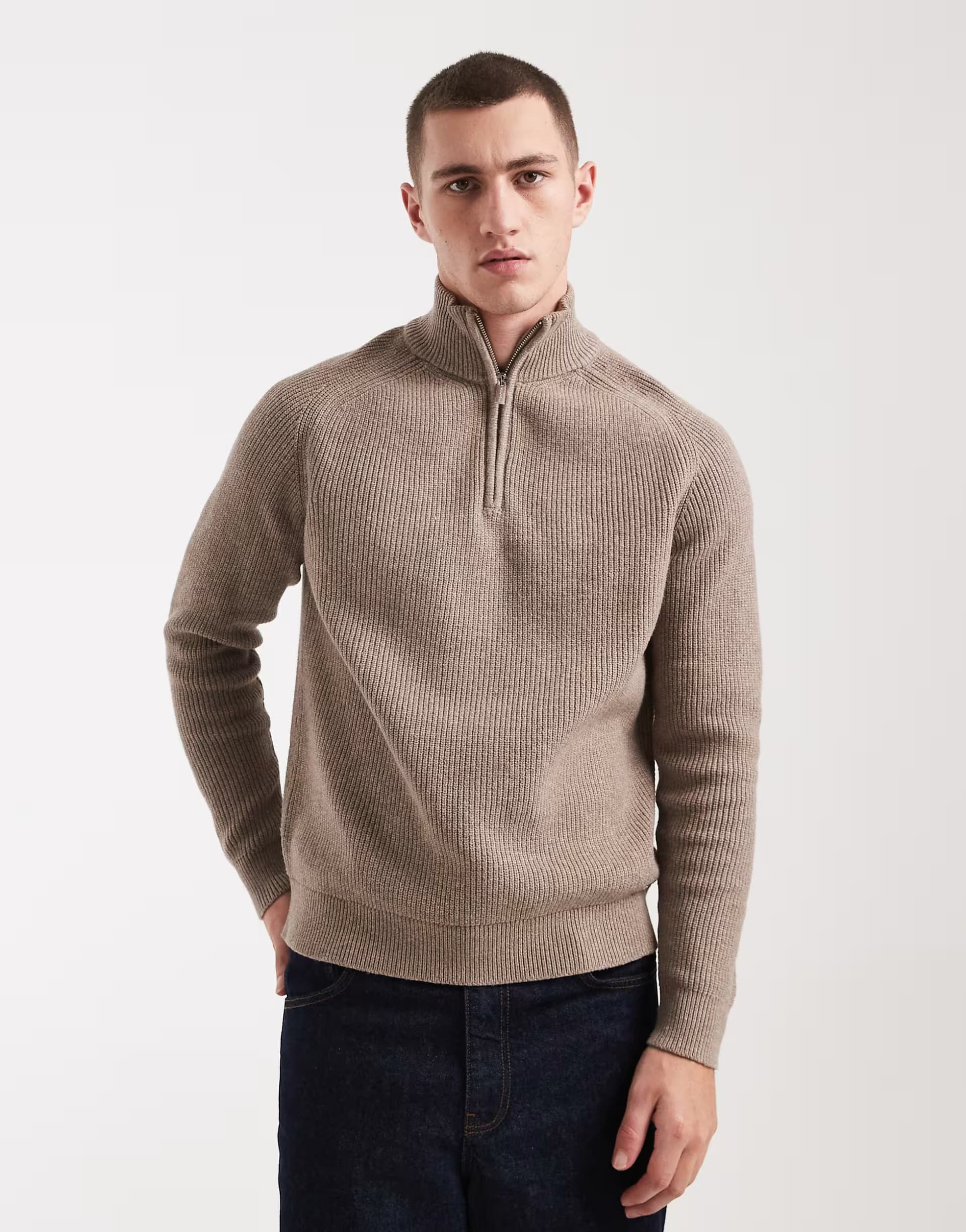 ASOS Threadbare cotton blend ribbed 1/4 zip jumper in taupe