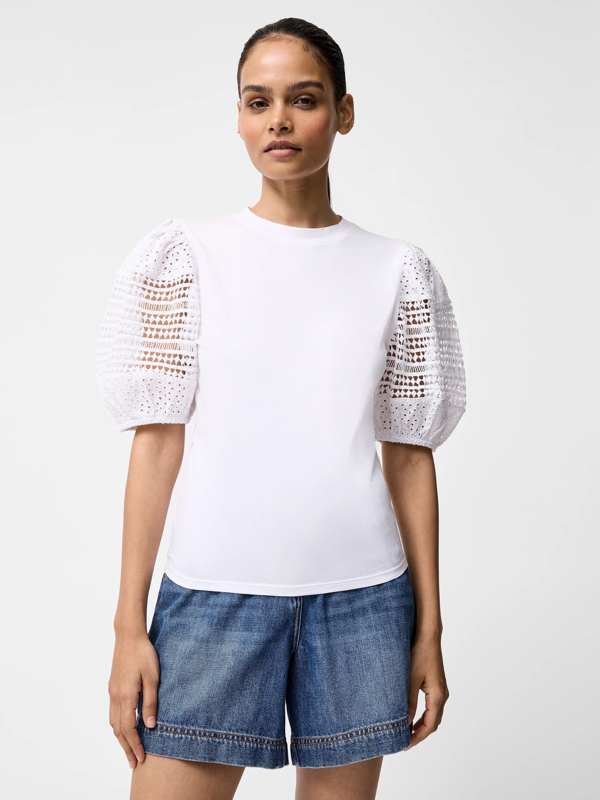 French Connection Crochet Lace Puff Sleeve Top Linen White