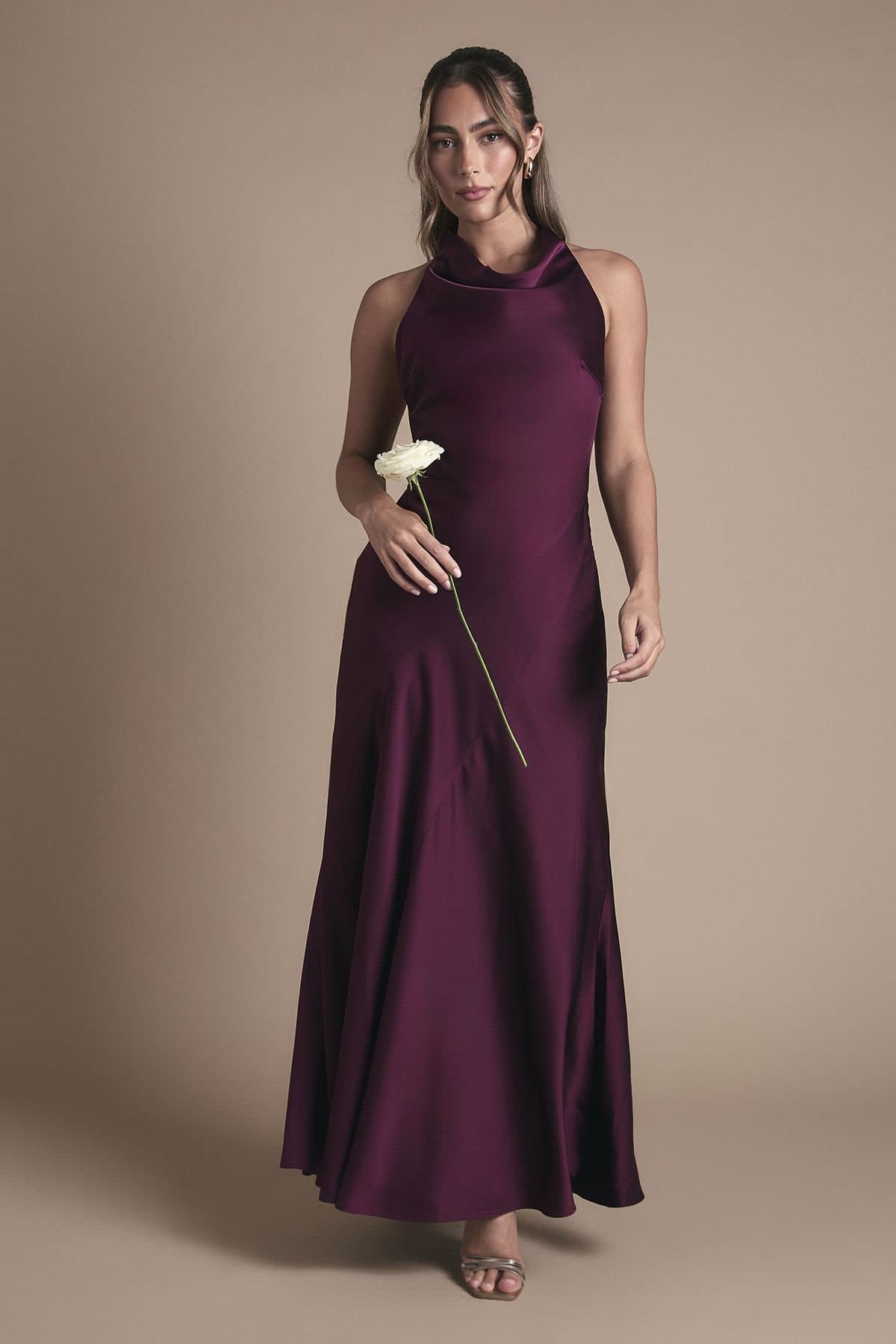 Oasis Oasis Women's Cowl Halterneck Satin Maxi Bridesmaid Dress in Grape