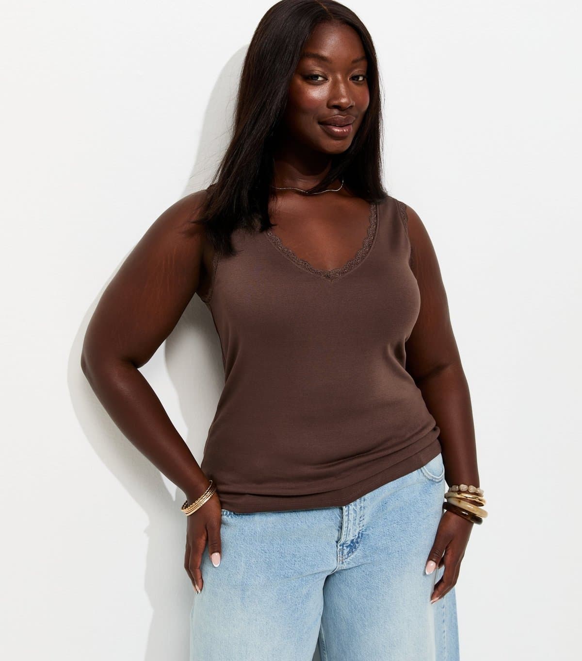 New Look New Look Plus Size Dark Brown Lace Trim Vest Top
