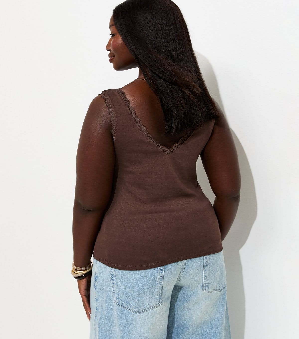 New Look Women's Plus Size Dark Brown Lace Trim Vest Top Curves New Look - 4
