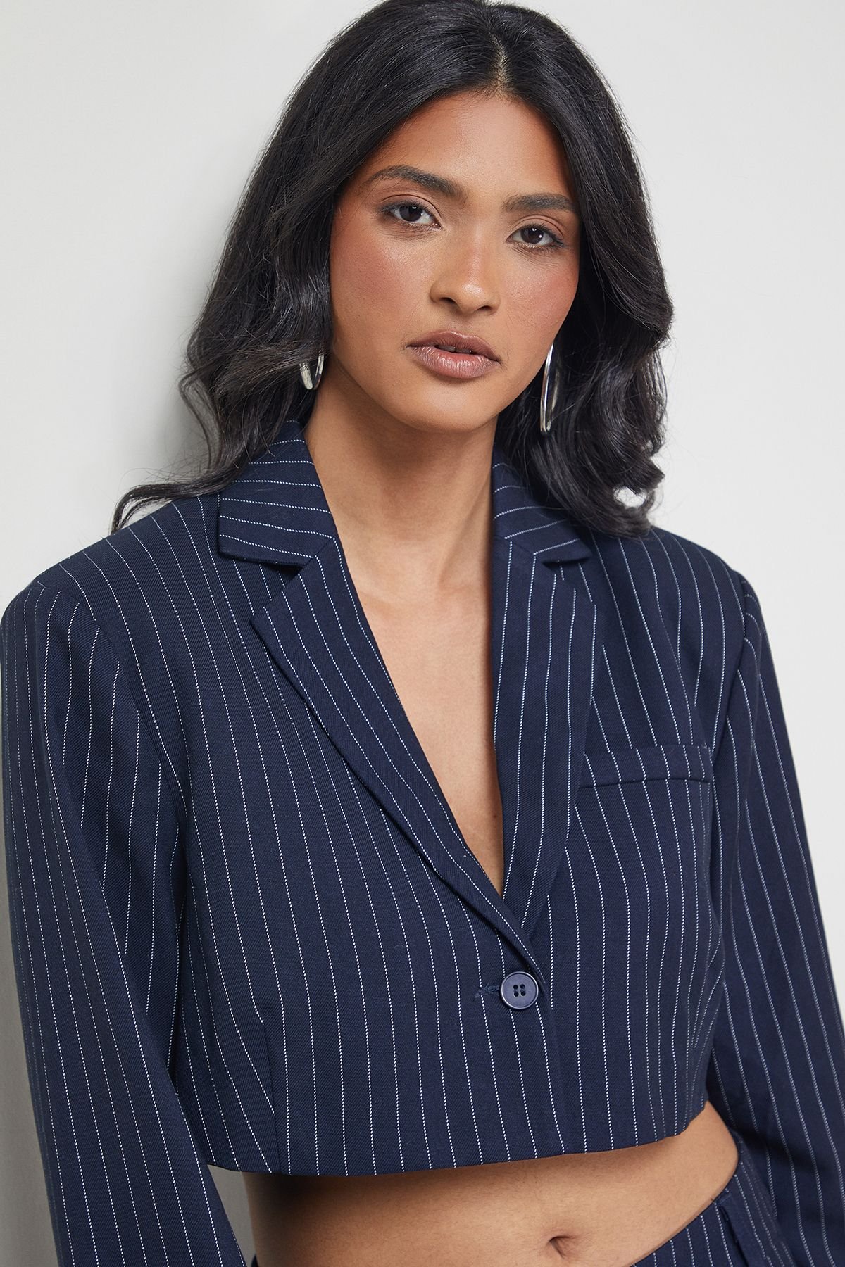 Warehouse Warehouse Women's Navy Pinstripe Cropped Blazer Co-ord - 2