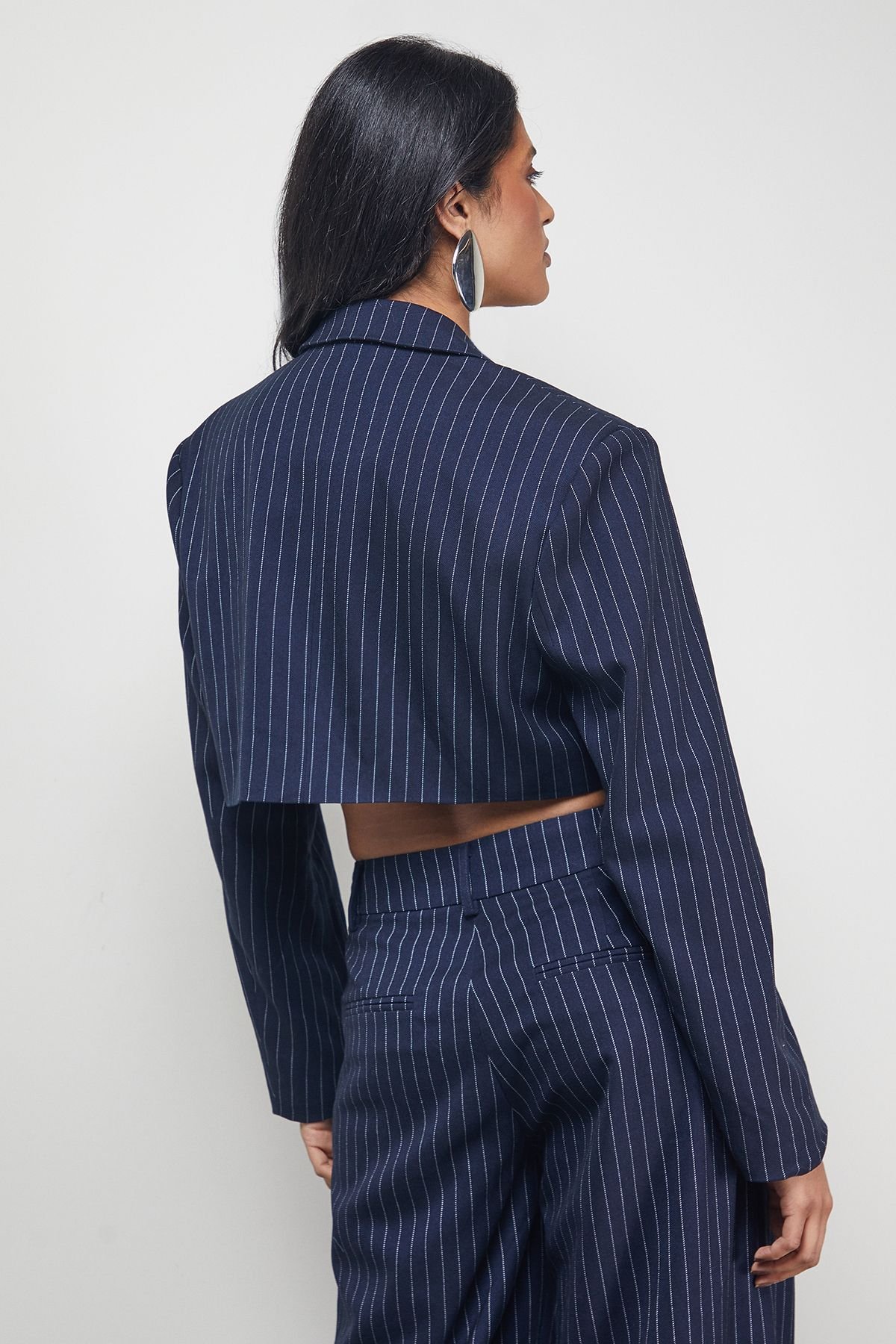 Warehouse Warehouse Women's Navy Pinstripe Cropped Blazer Co-ord - 3