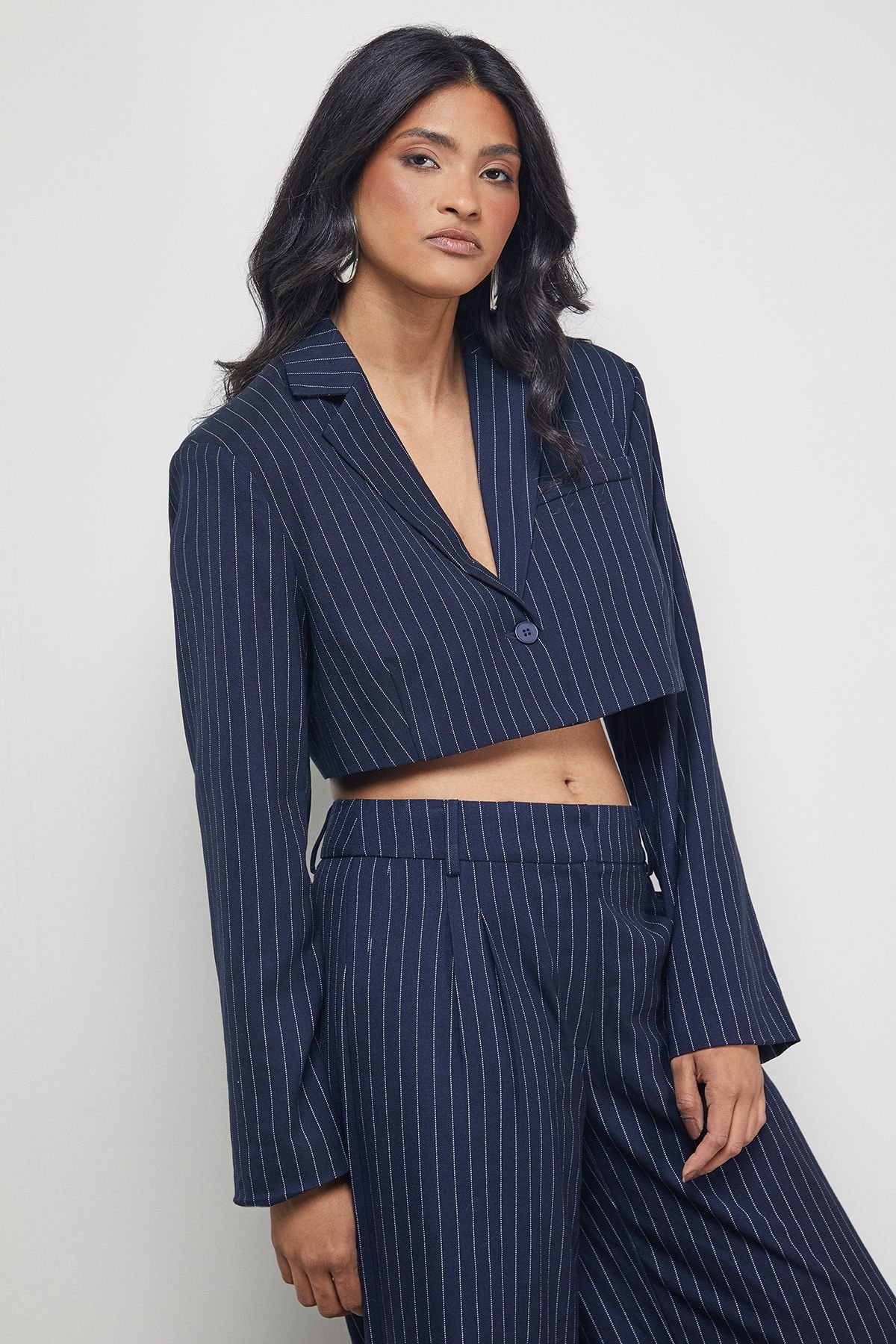 Warehouse Warehouse Women's Navy Pinstripe Cropped Blazer Co-ord - 4