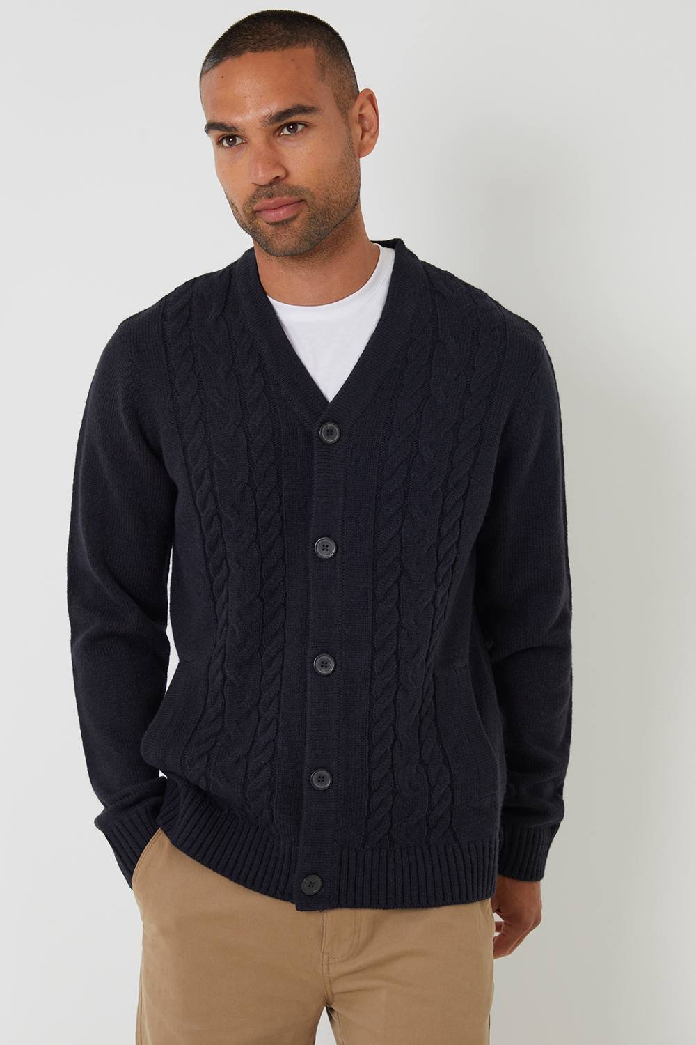 Threadbare Threadbare Men's Cable Knit Detail V-Neck Cardigan in Navy - 2