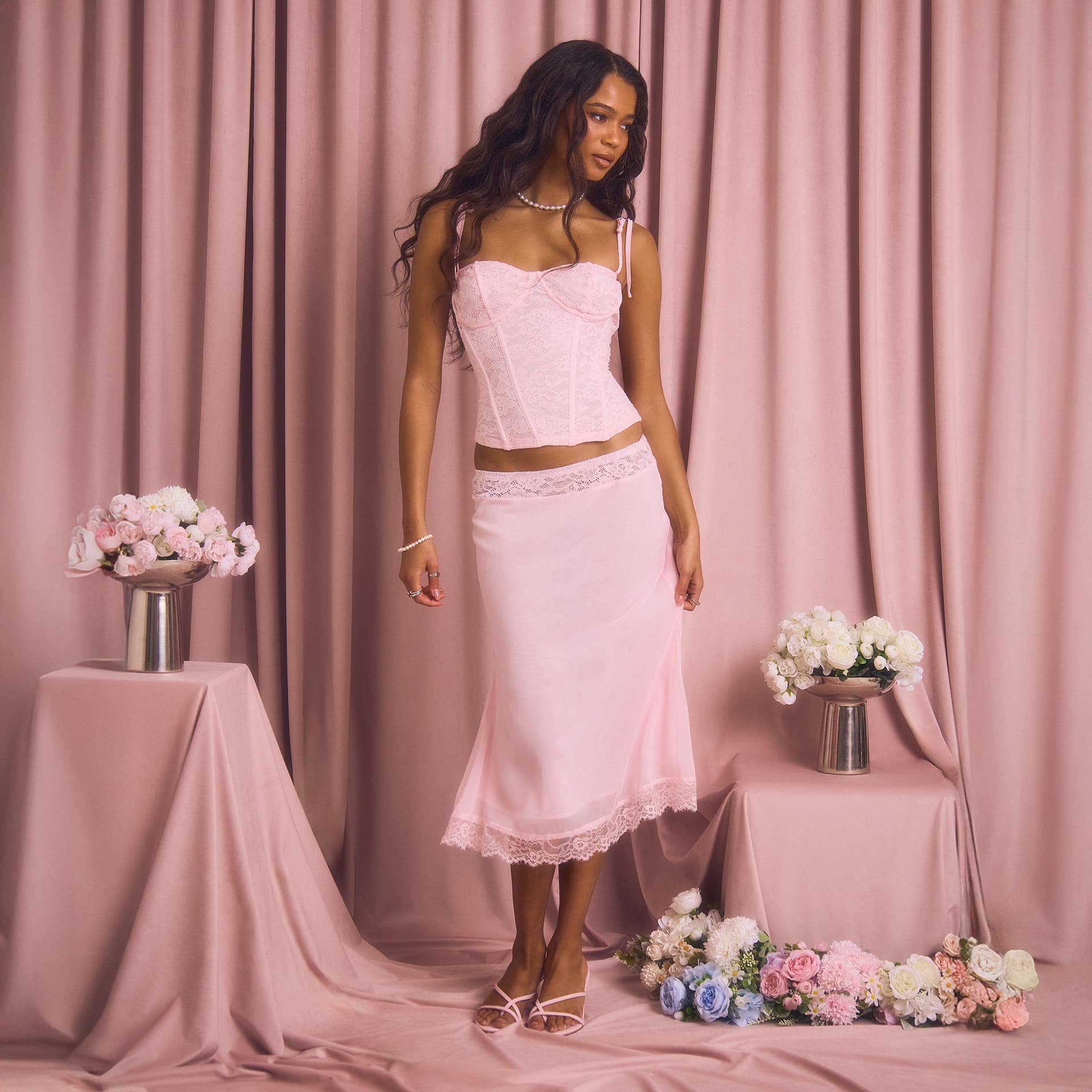 EGO EGO Pink Chiffon Lace Trim Midi Skirt