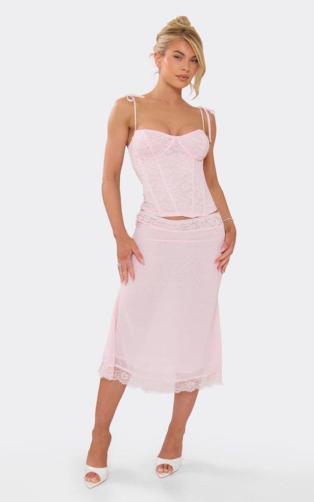 EGO Low Rise Lace Trim Detail Midi Skirt In Pink Chiffon, Women's Size UK 6 - 2