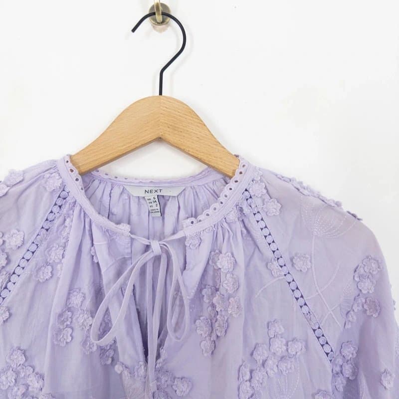 Next Next Lilac Purple Tie Floral Blouse Size 6 8 10 Intricate Embroidered Long Sleeve