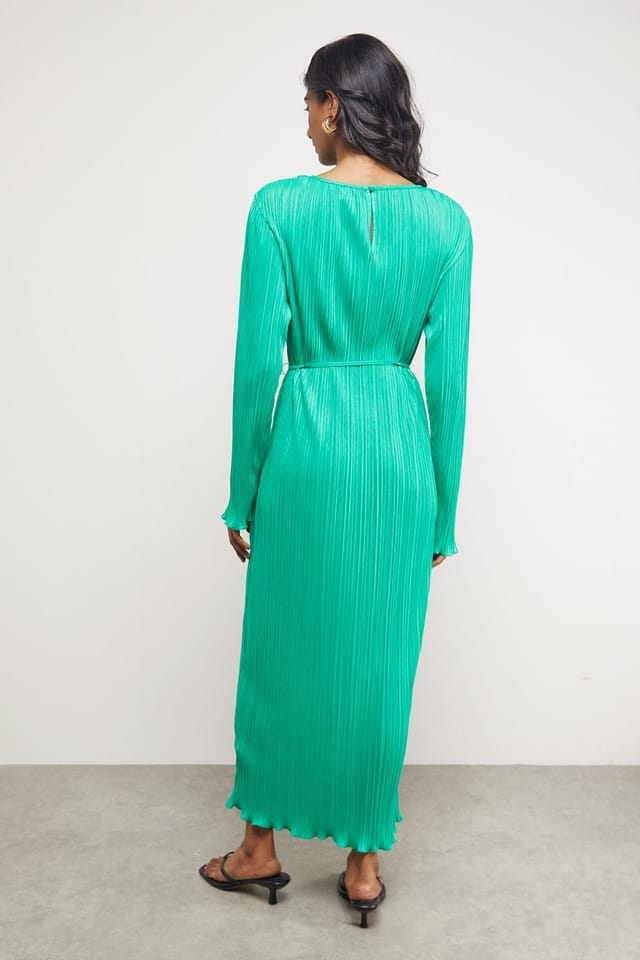 Warehouse Warehouse Women's Plisse Belted Column Midi Dress in Bright Green - 3