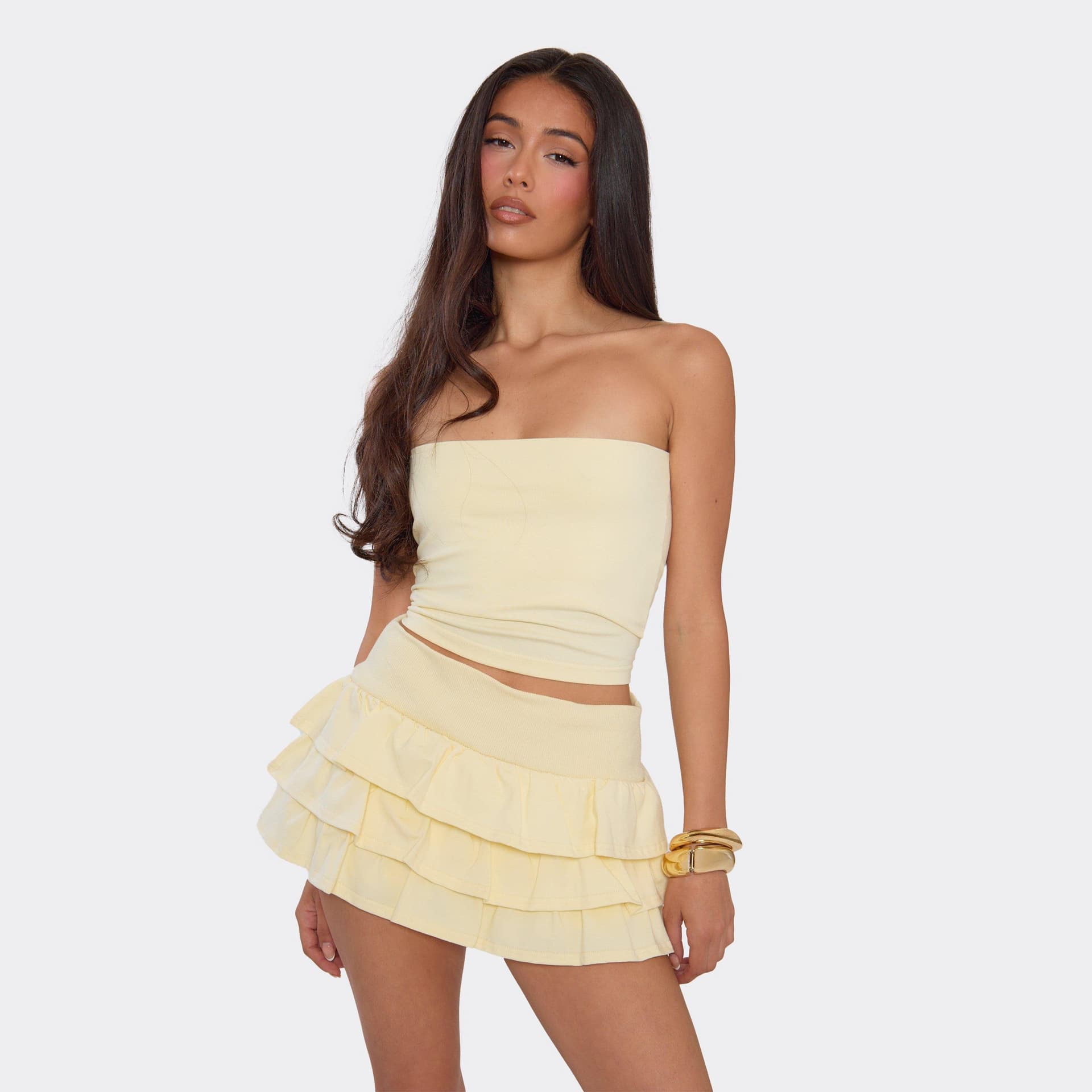EGO EGO Lemon Yellow Bandeau Crop Top and Mini Skirt Set