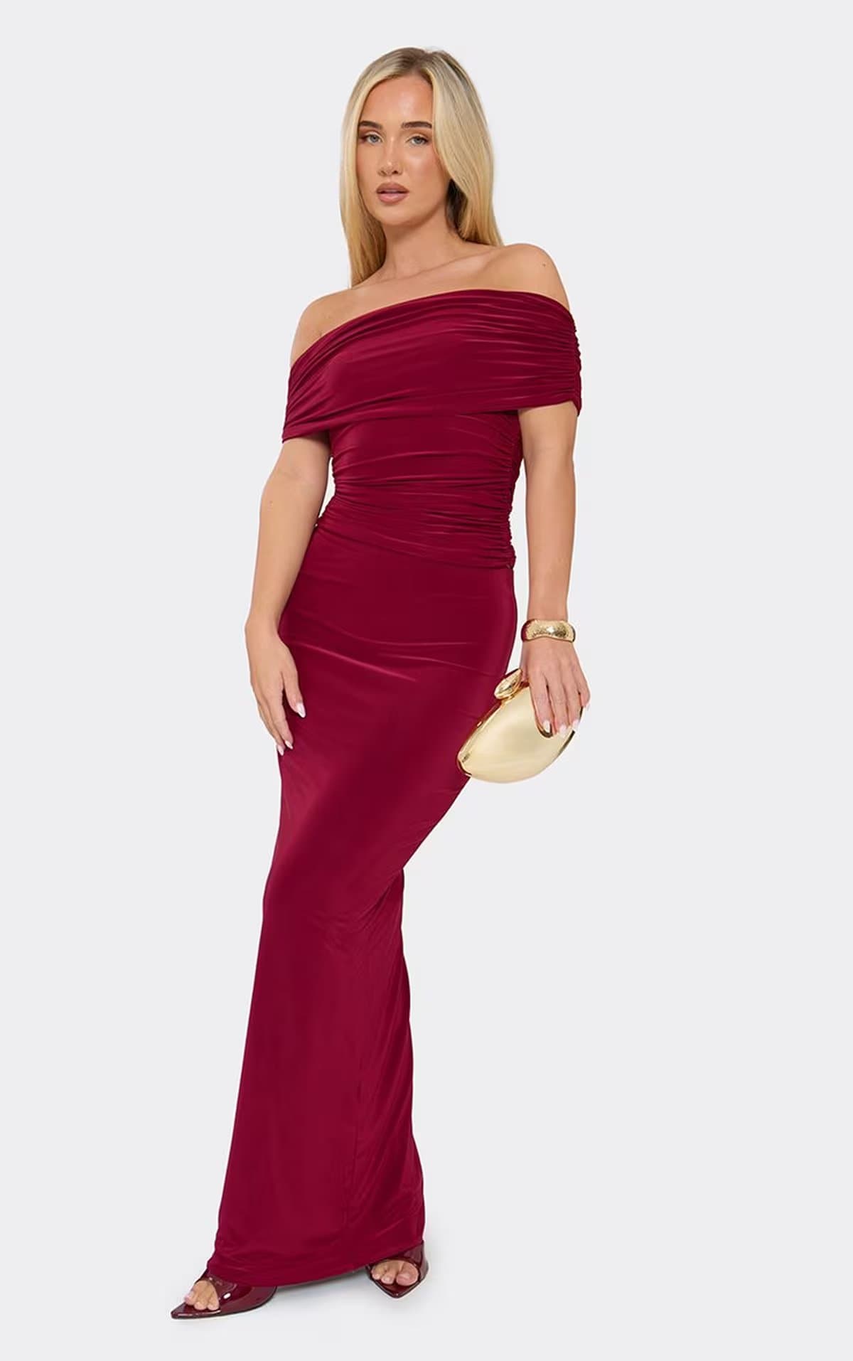EGO Off The Shoulder Bardot Top In Burgundy Slinky, Women's Size UK 6
