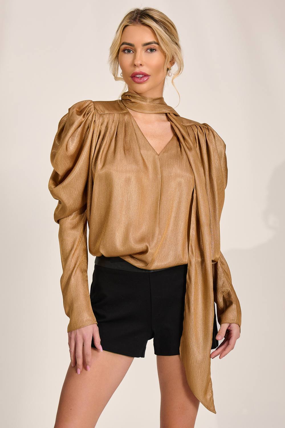 Jolie Moi Jolie Moi Women's Bow Neck Puff Sleeve Satin Blouse in Gold - 3