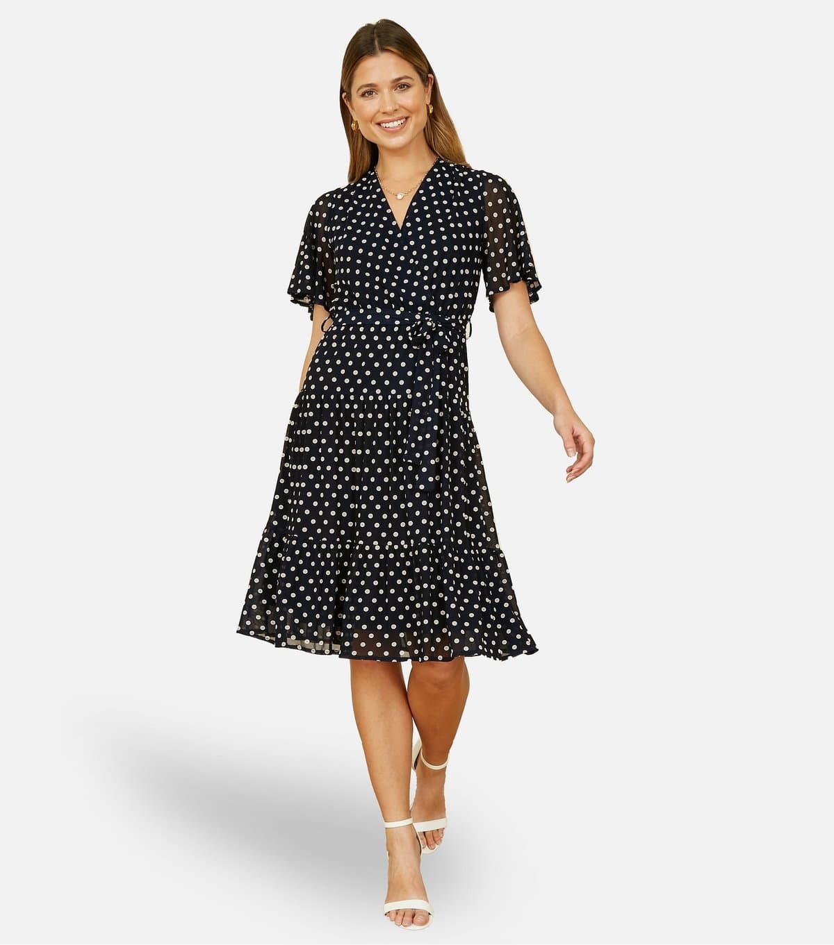 Yumi Women's Navy Dot Print Flutter Sleeve Midi Dress Yumi New Look