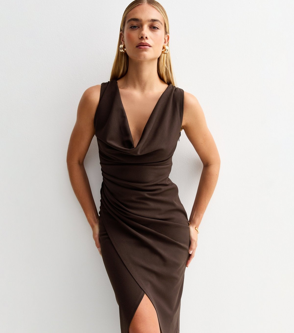 New Look Women's Dark Brown Cowl Neck Draped Midi Dress New Look - 2