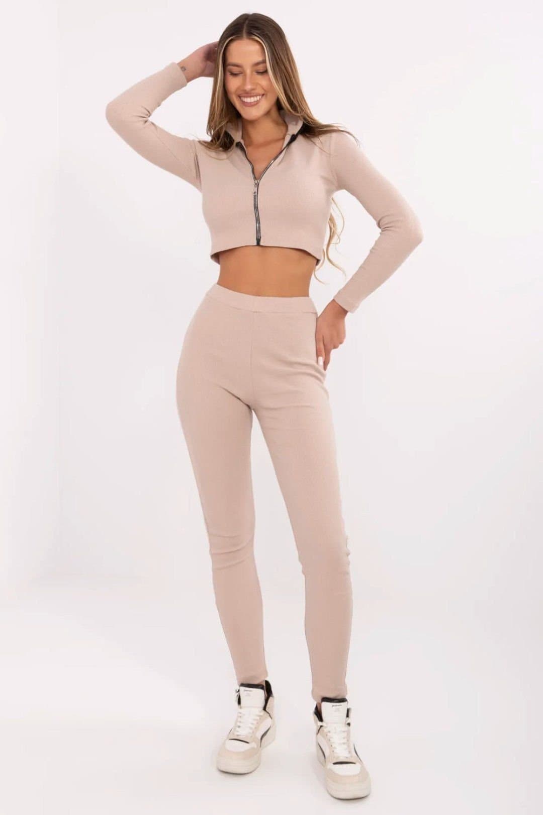 Love Lace Love Lace Women's Ribbed Casual Zip Blouse Tapered Trousers Set in Beige